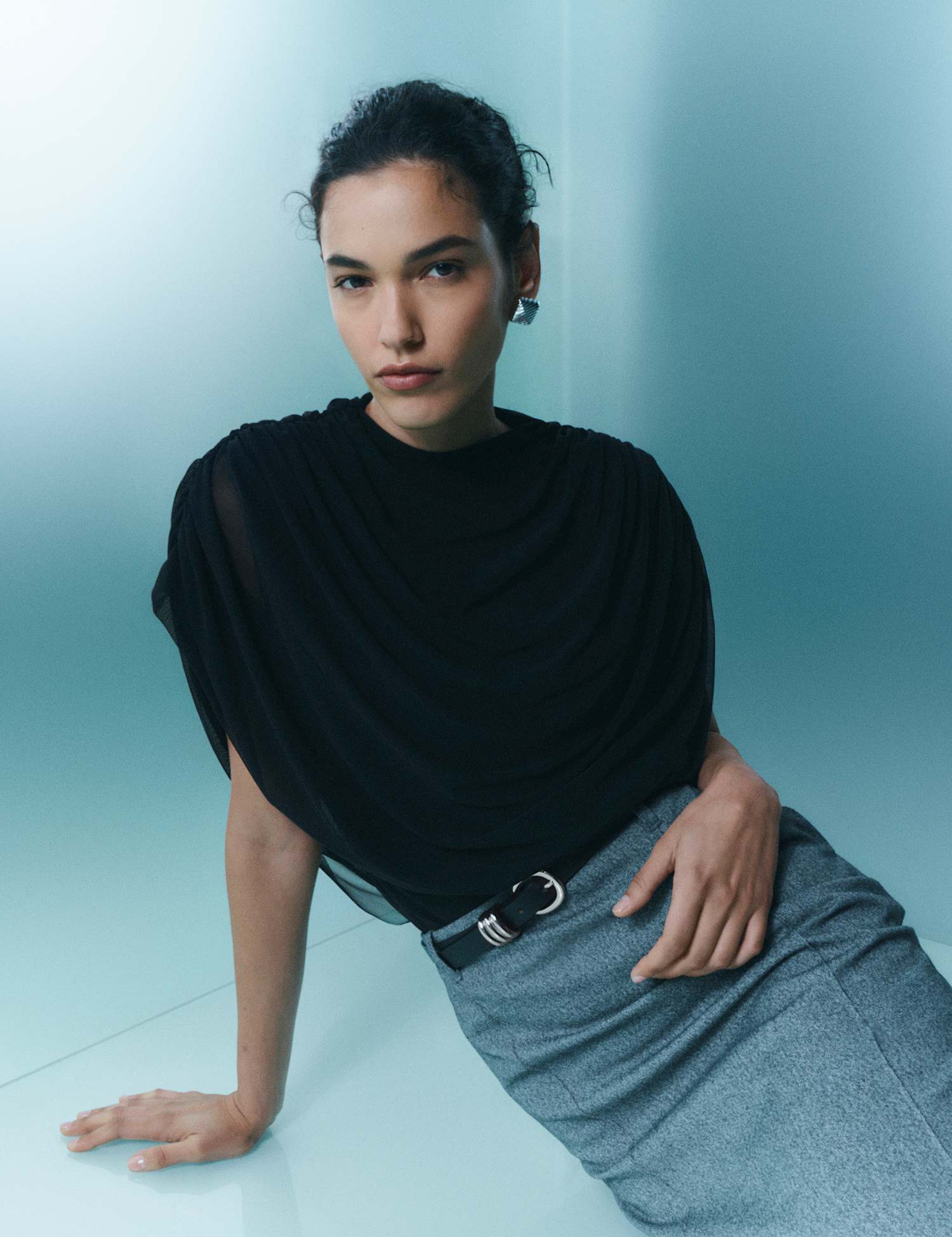 M&S Mesh Draped Crew Neck Top Black
