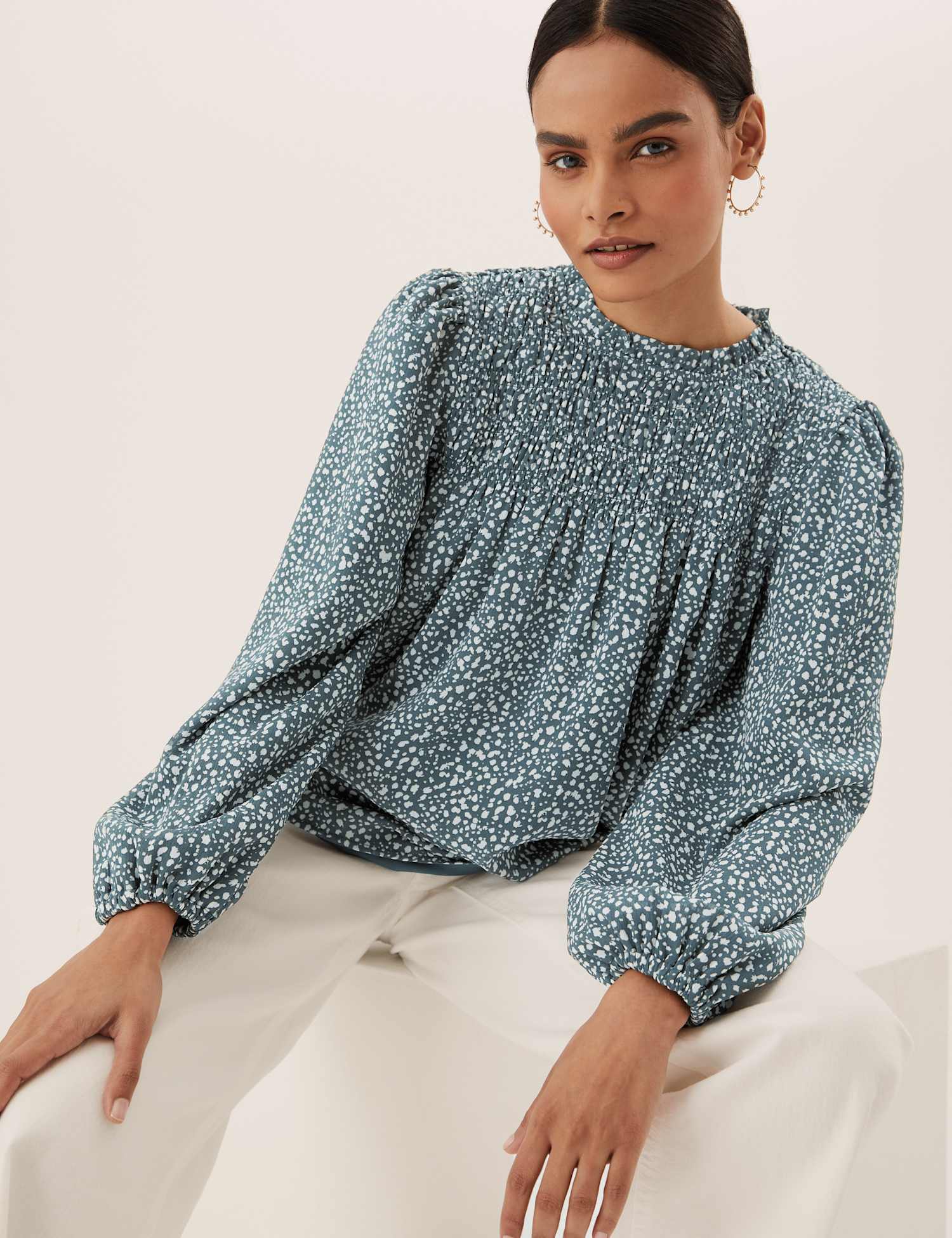 M&S Ditsy Floral Smocked Long Sleeve Blouse Green Mix
