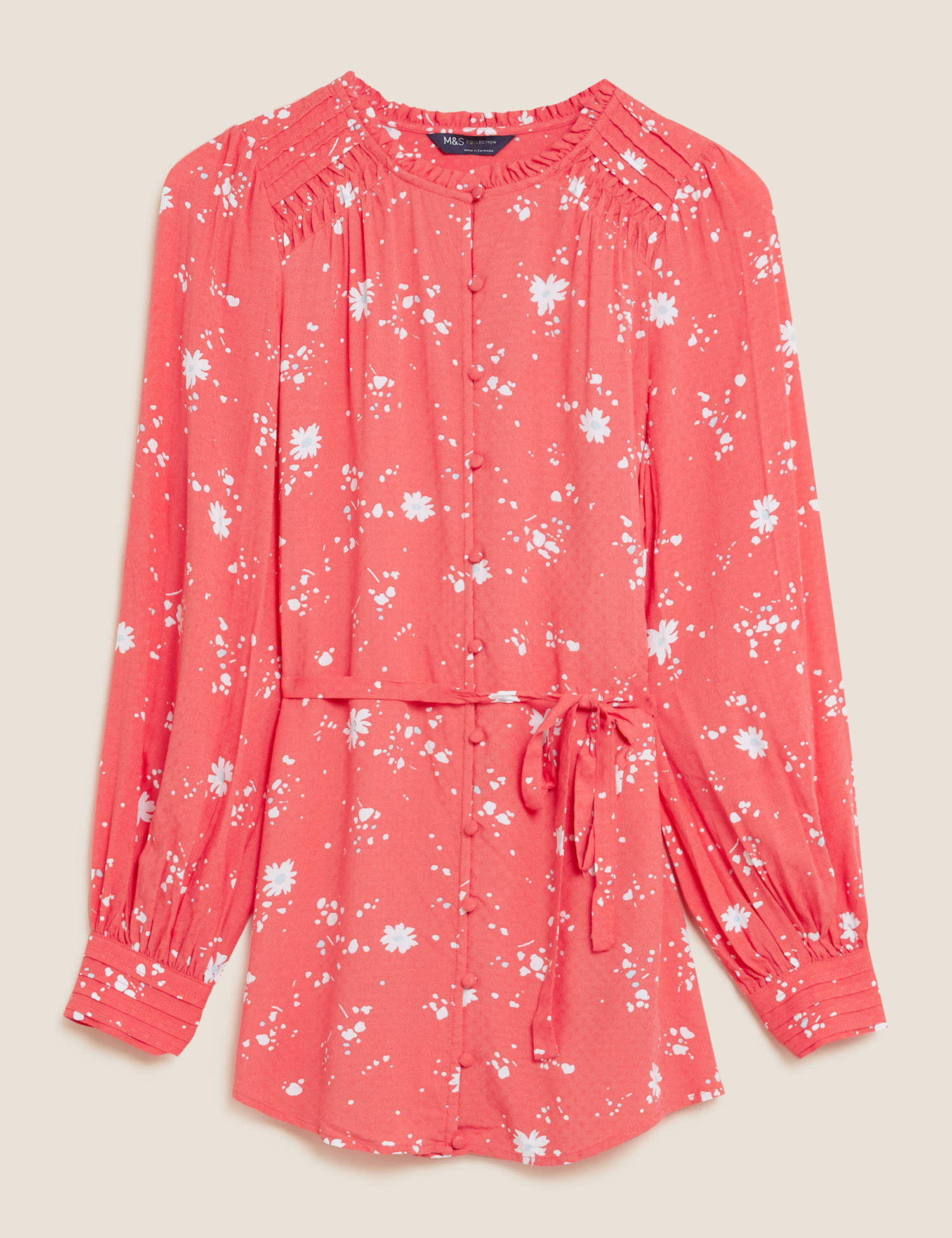 M&S Printed Tie Front Longline Blouse Coral Mix