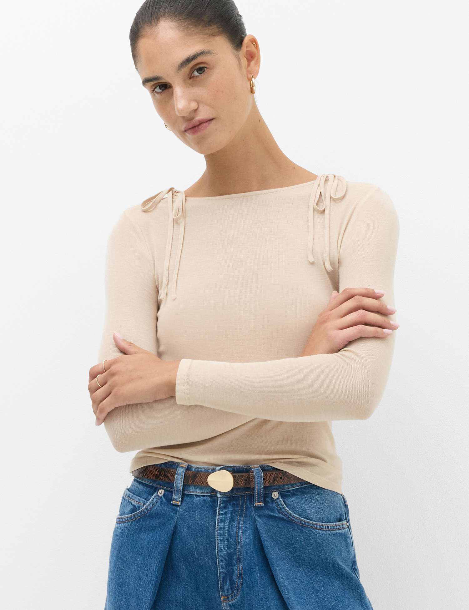 M&S Tie Shoulder Long Sleeve Top With Wool Ivory