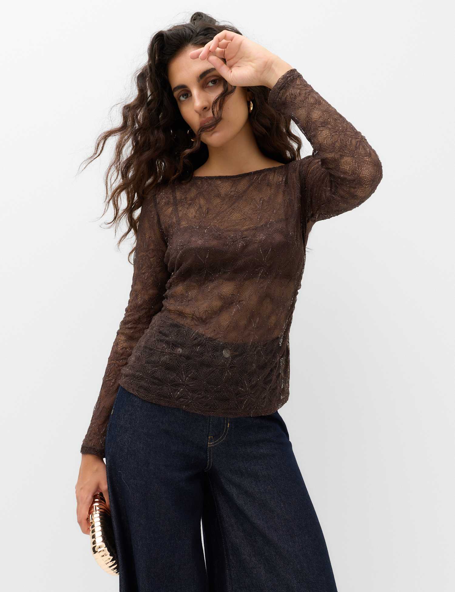 M&S Sparkly Lace Slash Neck Regular Fit Top Dark Chocolate