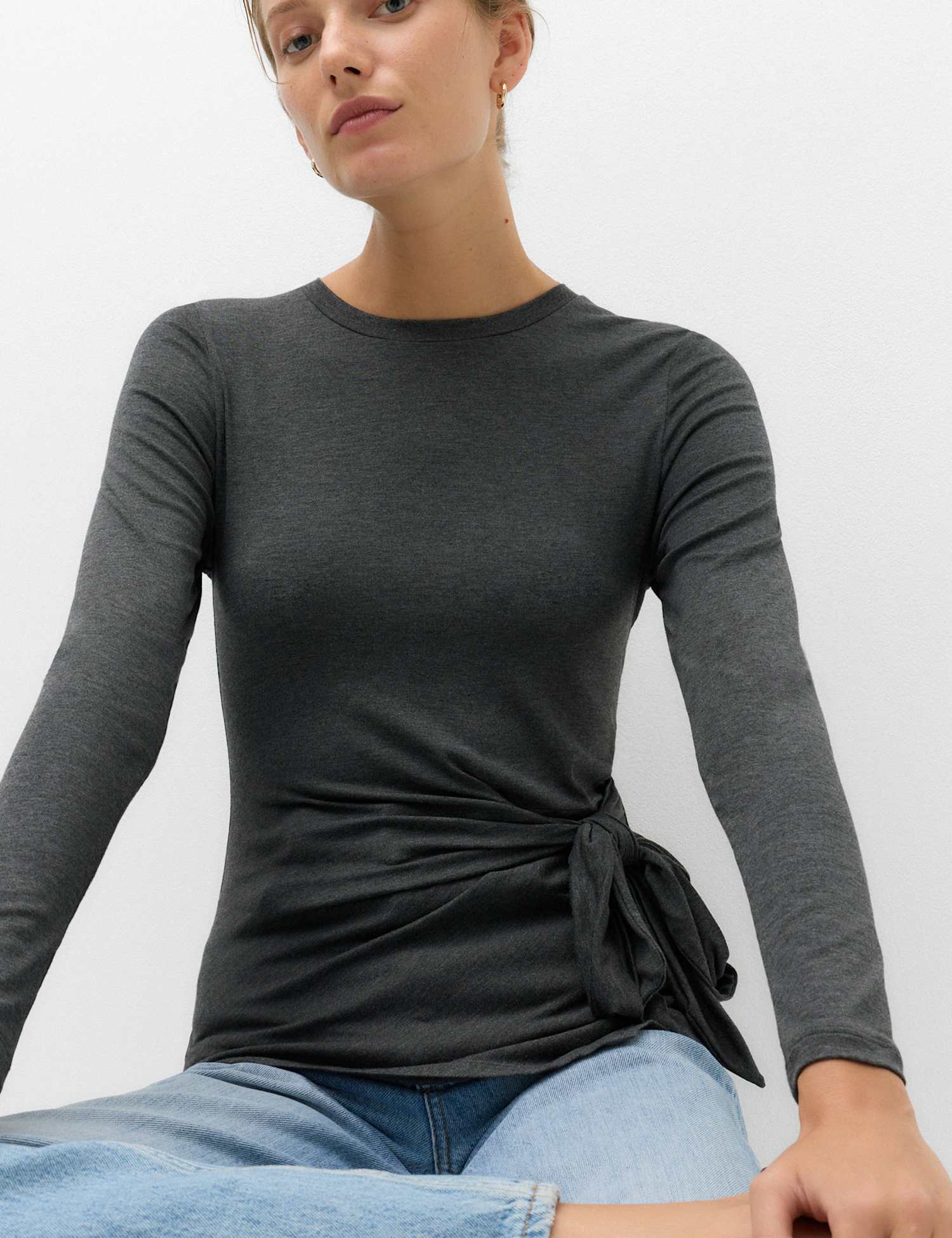 M&S Cosy Tie Front Regular Fit Top Charcoal