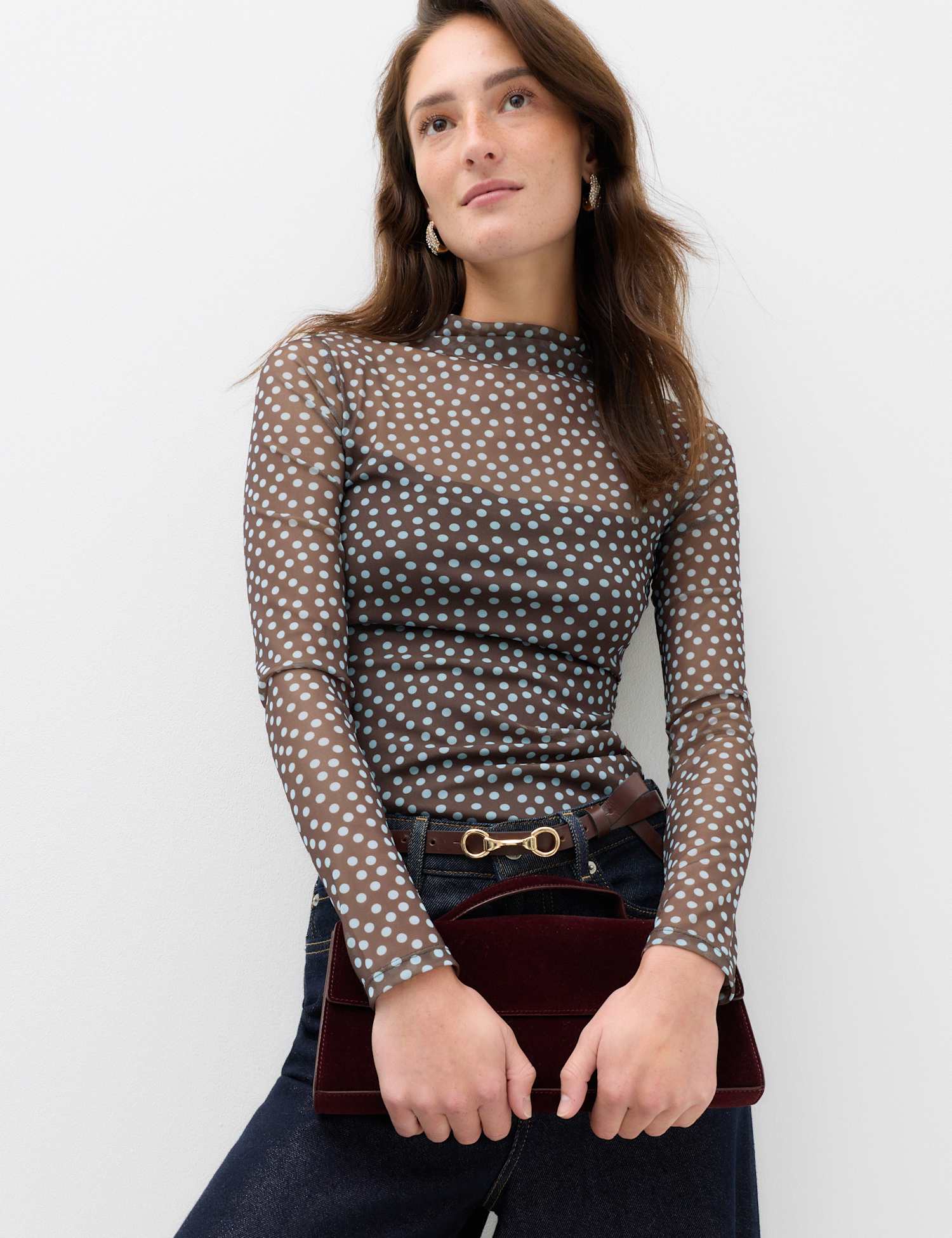 M&S Mesh Jersey Polka Dot High Neck Fitted Top Brown Mix