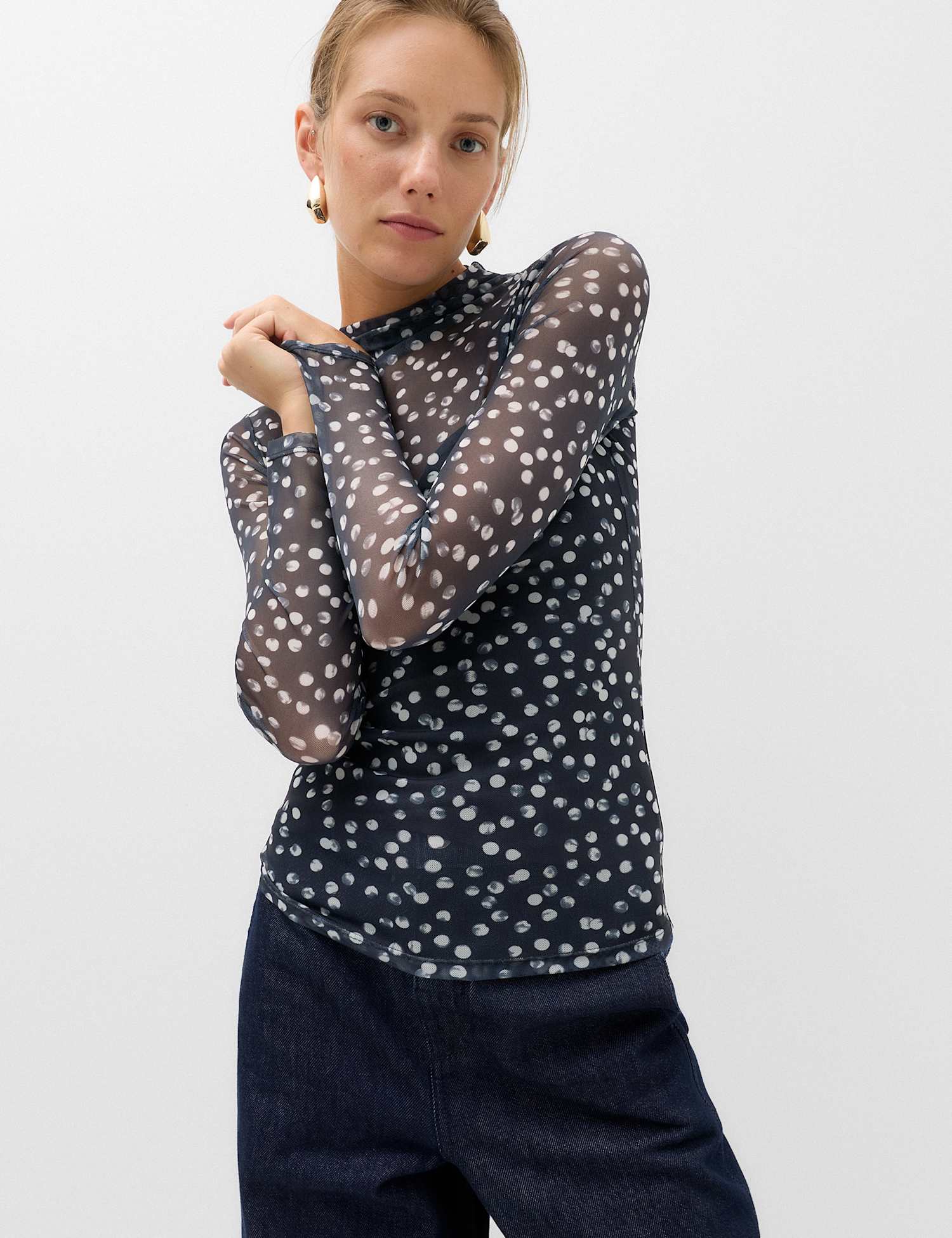 M&S Mesh Jersey Polka Dot High Neck Fitted Top Black Mix