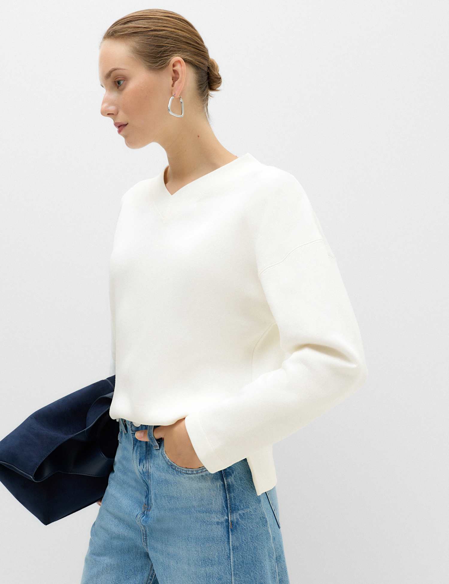 M&S Cotton Rich V Neck Relaxed Sweatshirt Ivory