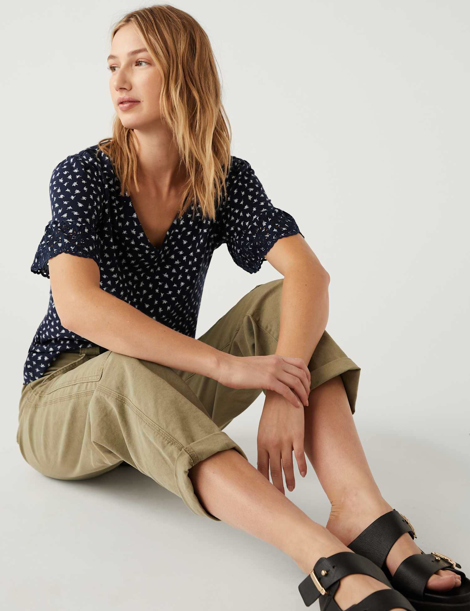 M&S Pure Cotton Printed Top Navy Mix