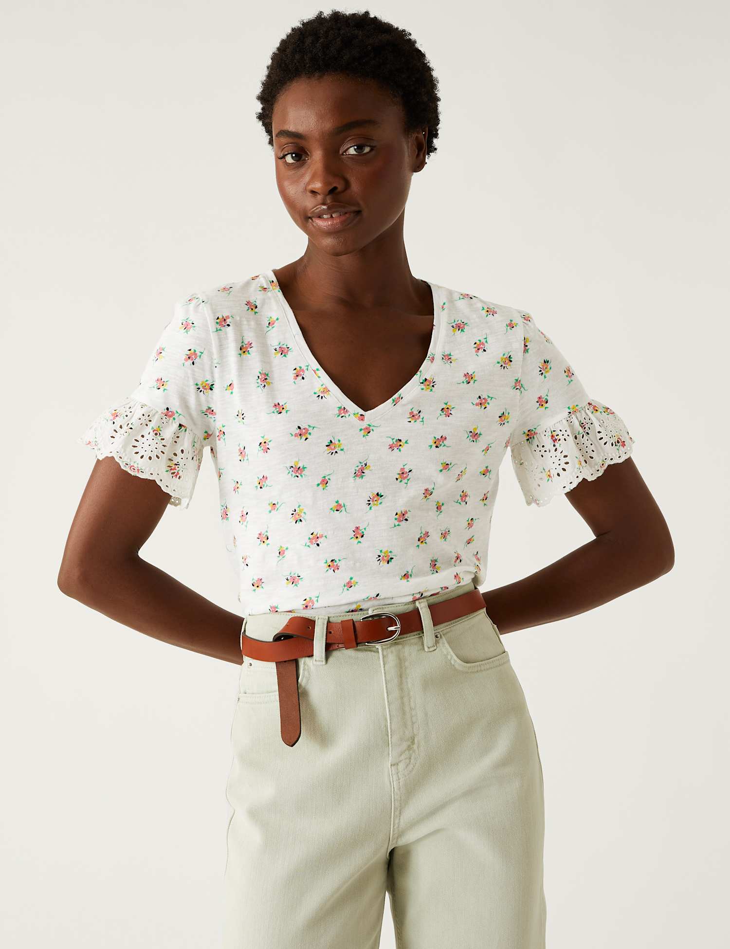 M&S Pure Cotton Printed Top Ivory Mix