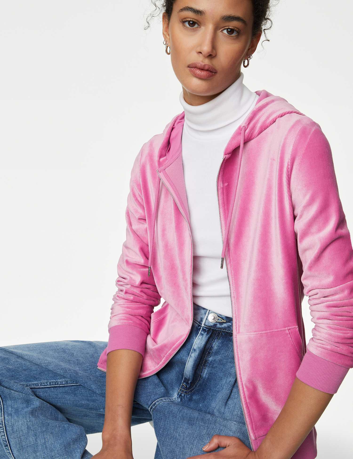 M&S Velvet Hoodie Bright Rose