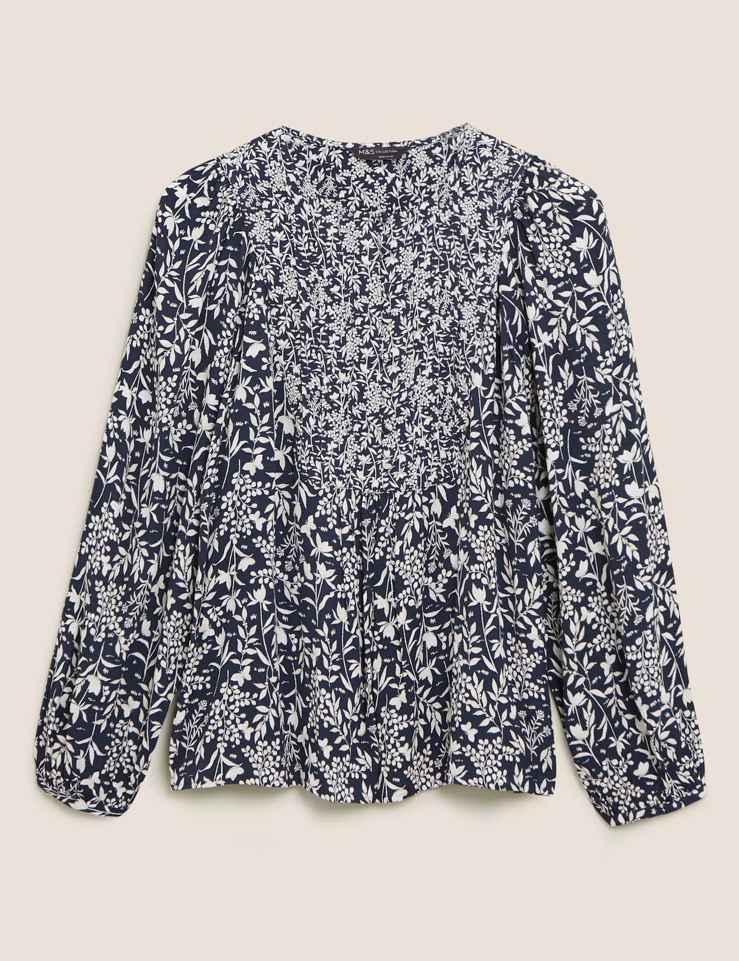 M&S Floral Bib Detail Popover Blouse Navy Mix