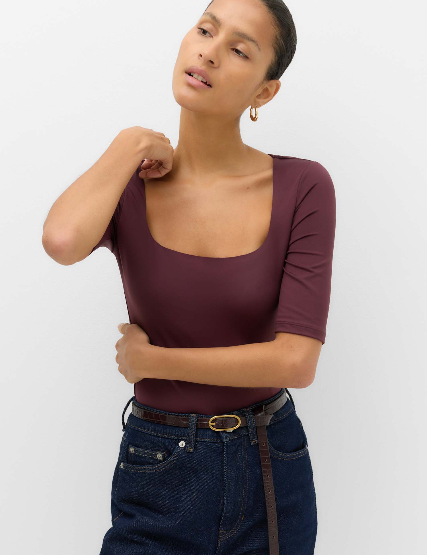 M&S Square Neck Half Sleeve Fitted Bodysuit Burgundy