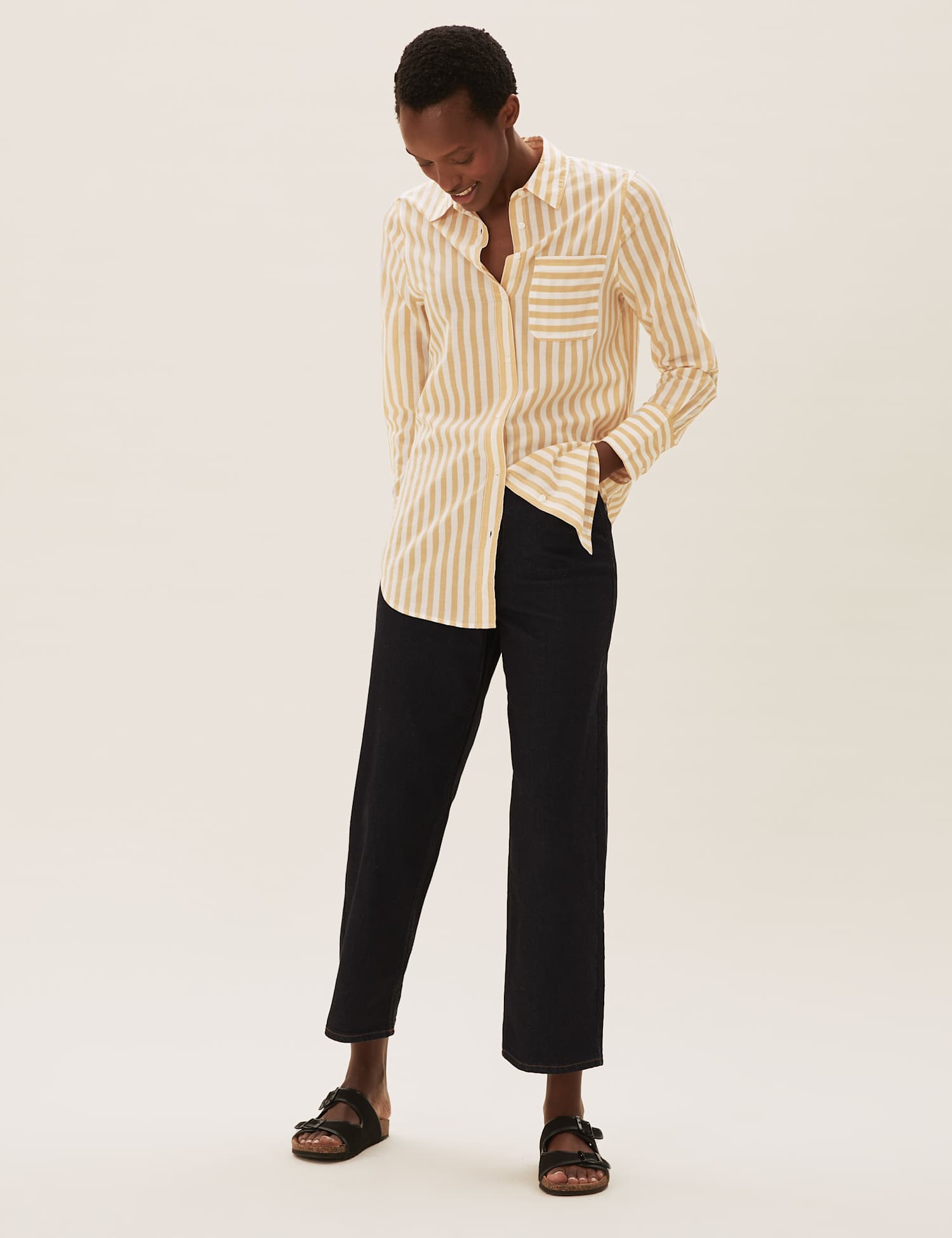 M&S Pure Cotton Striped Longline Shirt Natural Mix
