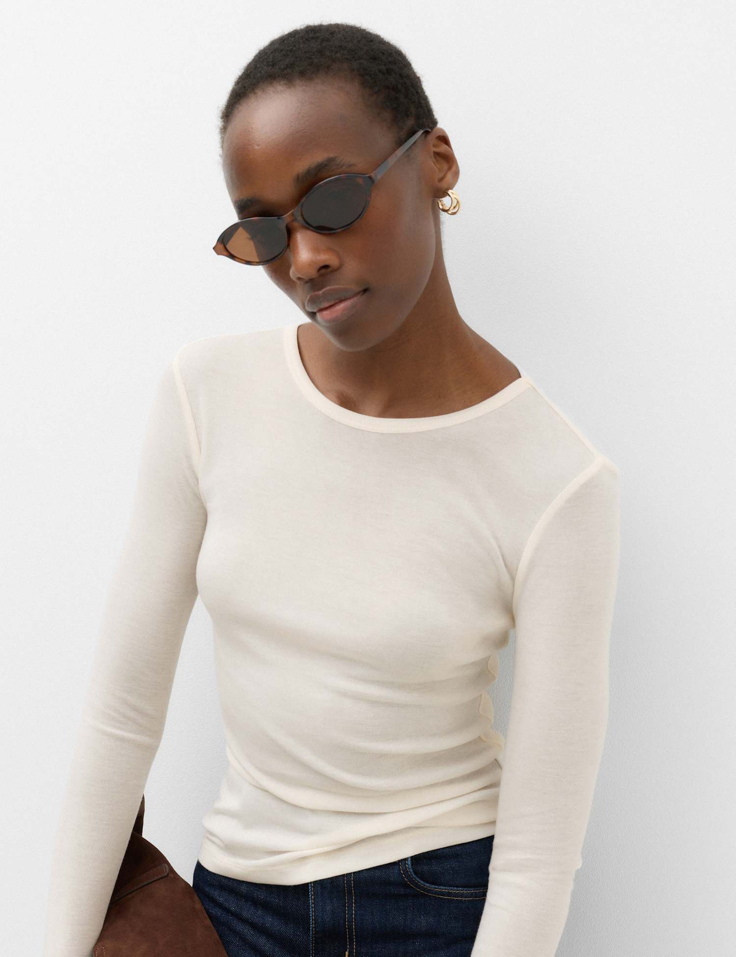 M&S Wool Touch Semi Sheer  Long Sleeve Layering Top Vanilla
