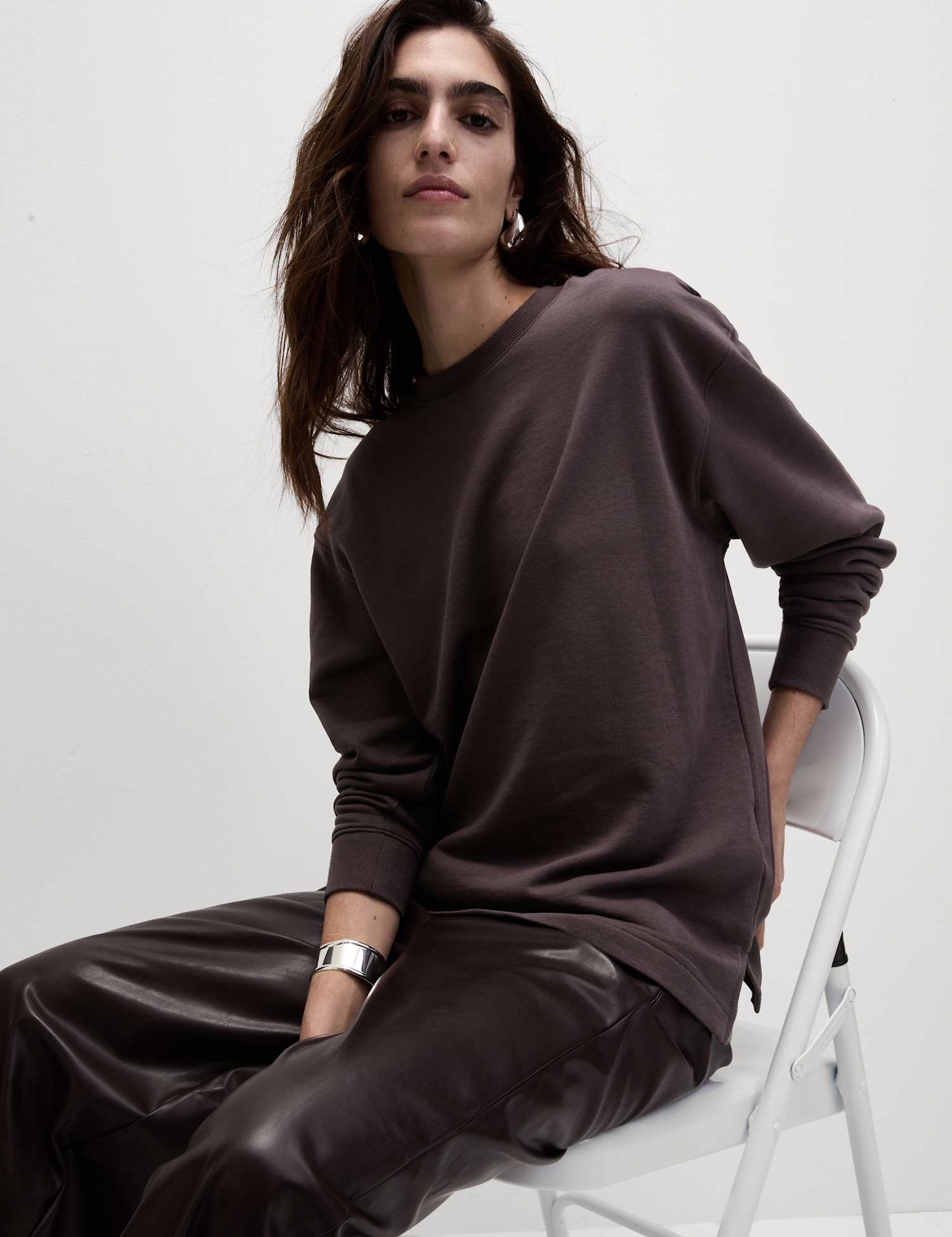M&S Cotton Rich Oversized Longline Sweatshirt Peat