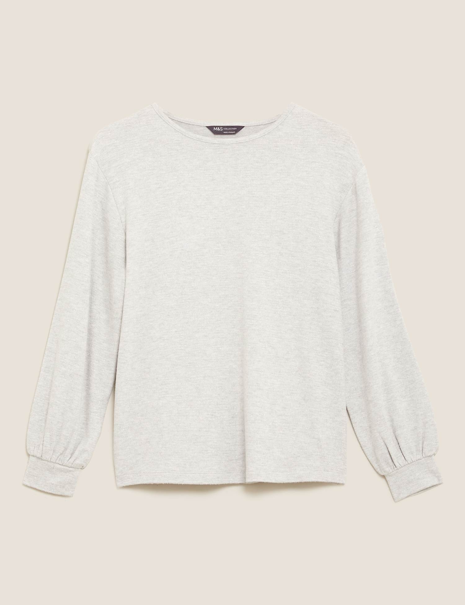 M&S Sparkly Crew Neck Relaxed Long Sleeve Top Grey Mix