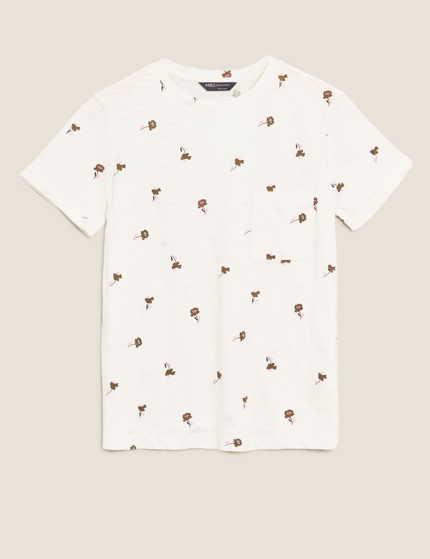 M&S Pure Cotton Floral Crew Neck T-Shirt Cream Mix