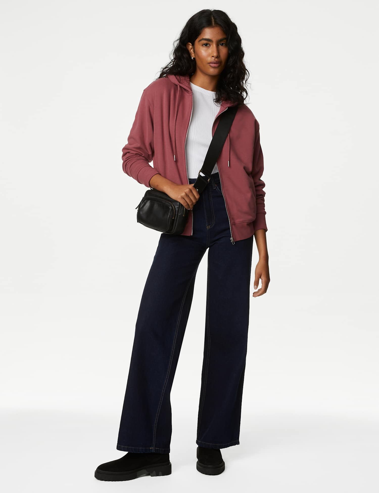 M&S Cotton Rich Borg Lined Zip Up Hoodie Berry