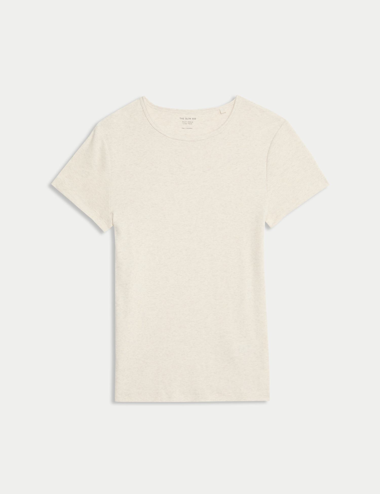 M&S Cotton Rich Ribbed Slim Fit T-Shirt Beige Marl