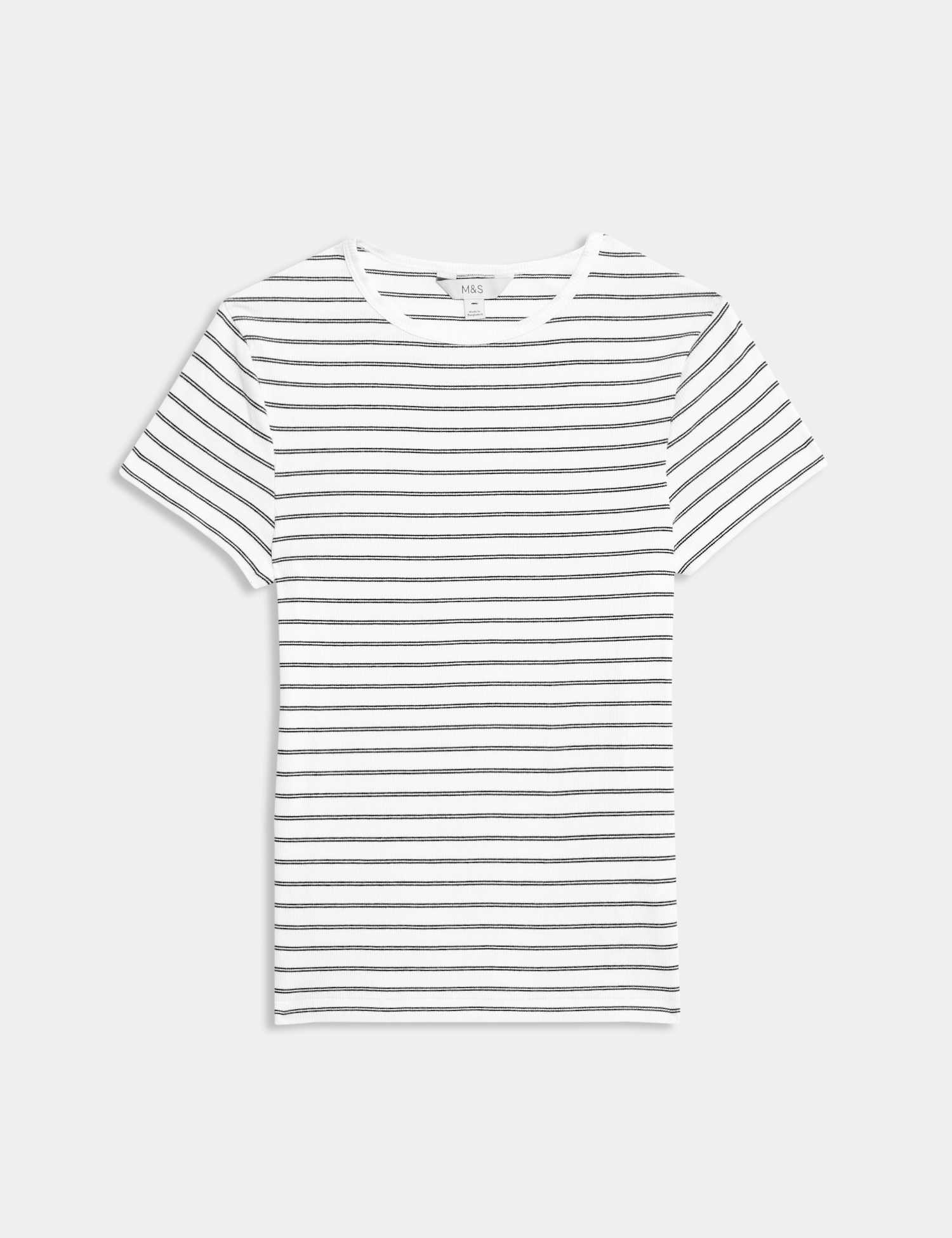 M&S Cotton Rich Striped Ribbed T-Shirt White Mix