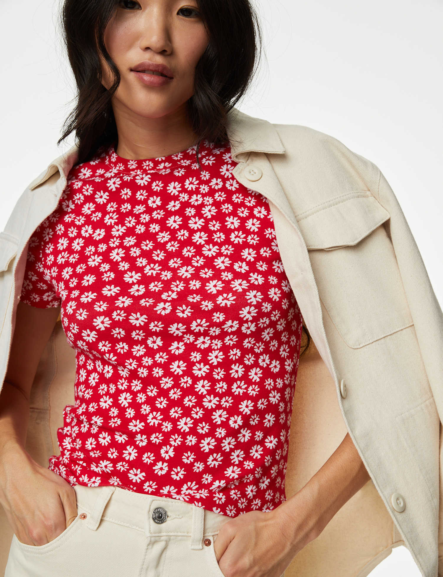 M&S Pure Cotton Printed T-Shirt Red Mix