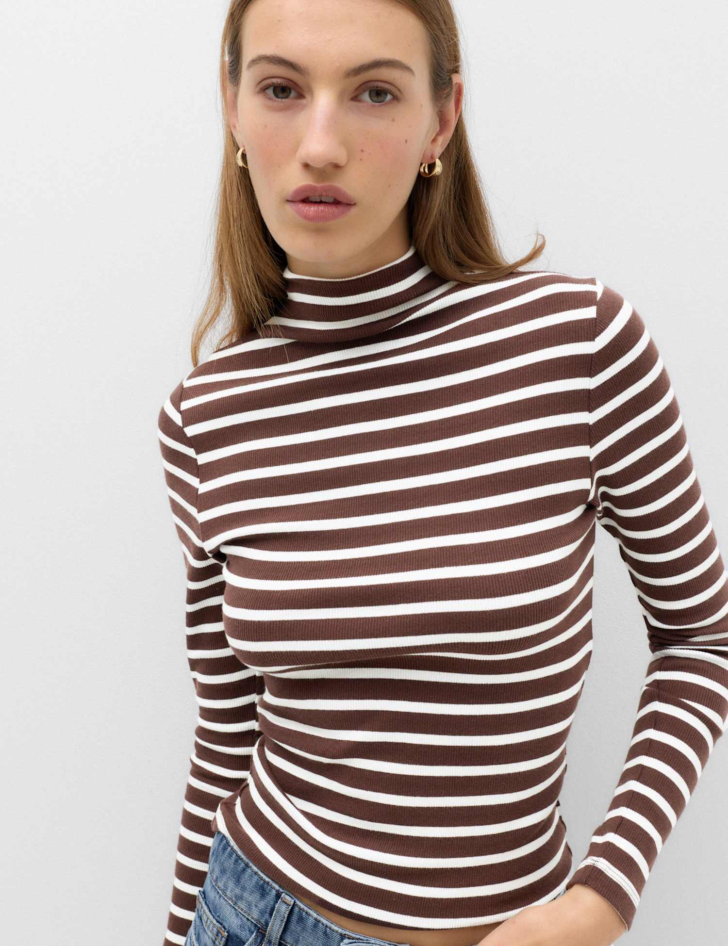 M&S Cotton Rich Ribbed Funnel Neck Top Dark Brown Mix
