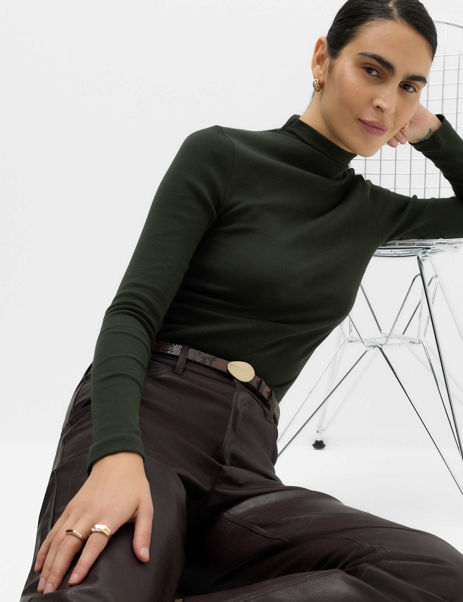M&S Cotton Rich Ribbed Funnel Neck Top Dark Khaki
