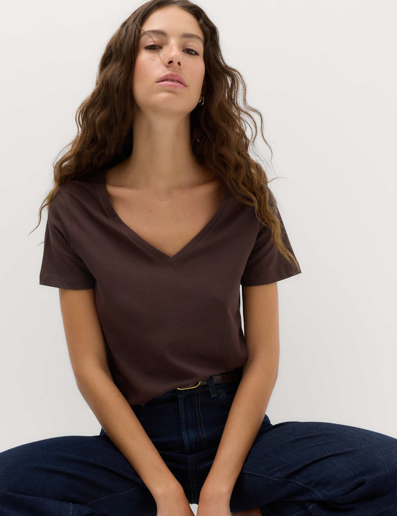 M&S Pure Cotton V-Neck T-Shirt Dark Chocolate