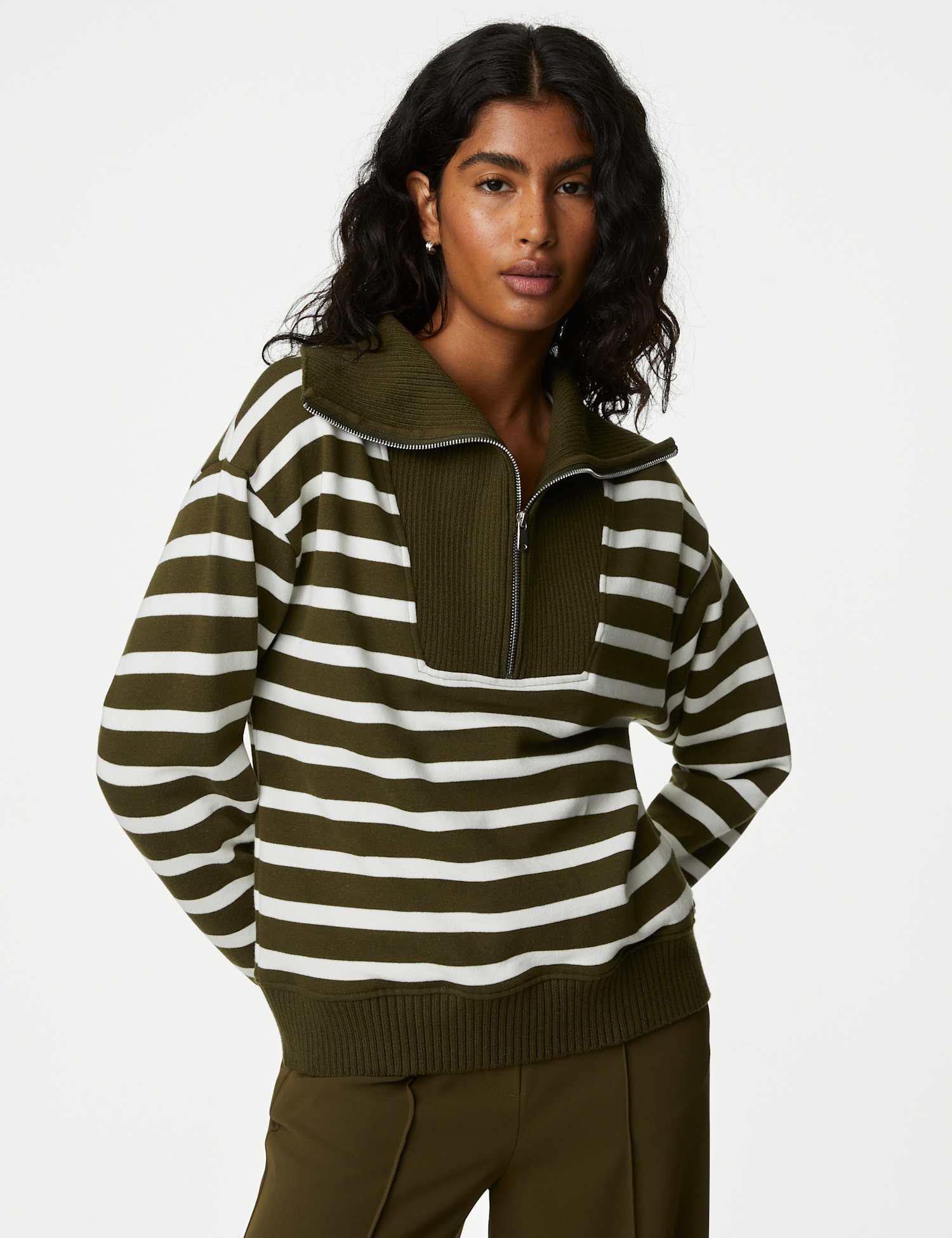 M&S Cotton Rich Striped Half Zip Sweatshirt Khaki Mix