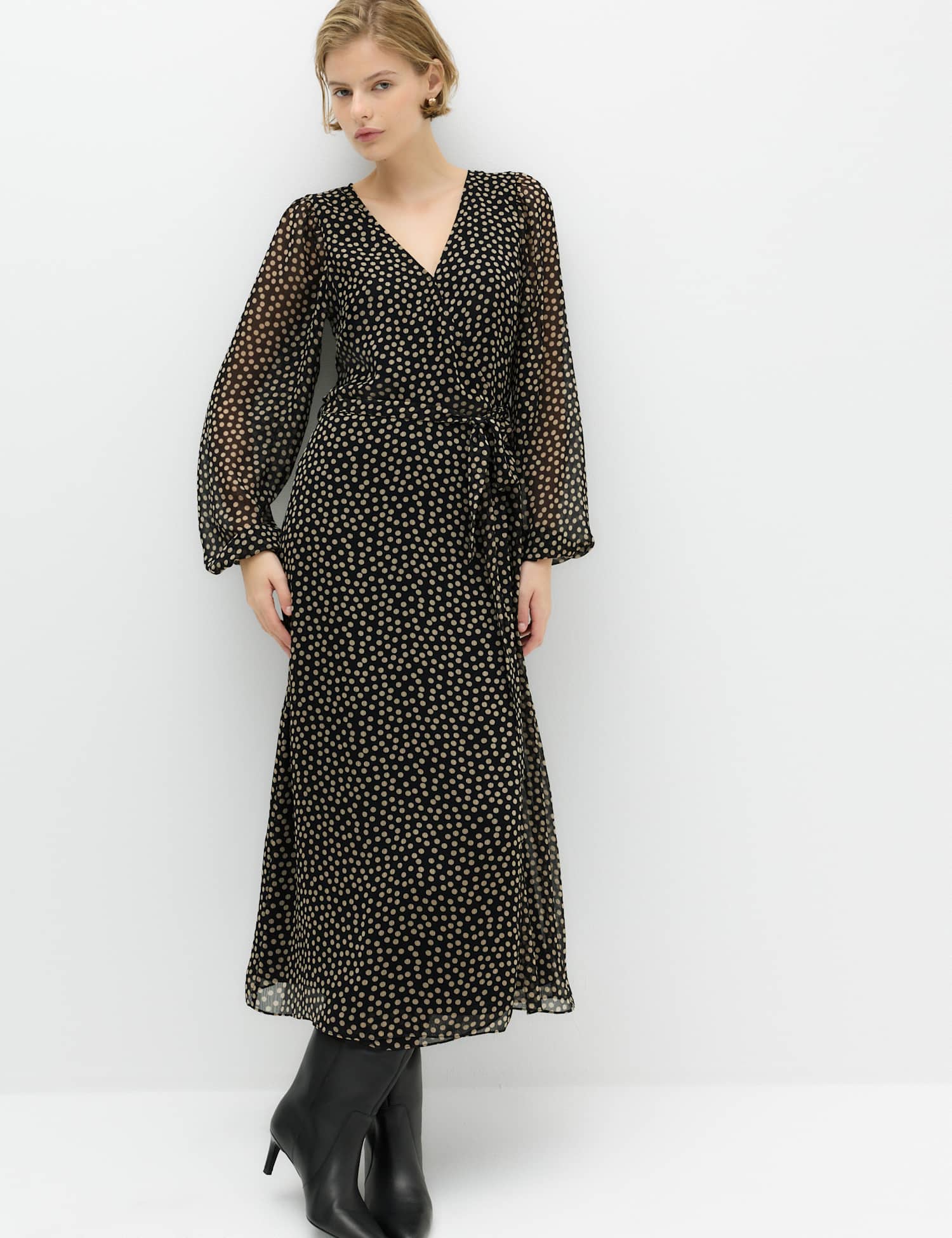 M&S Chiffon Spot Print Midi Wrap Dress Black Mix
