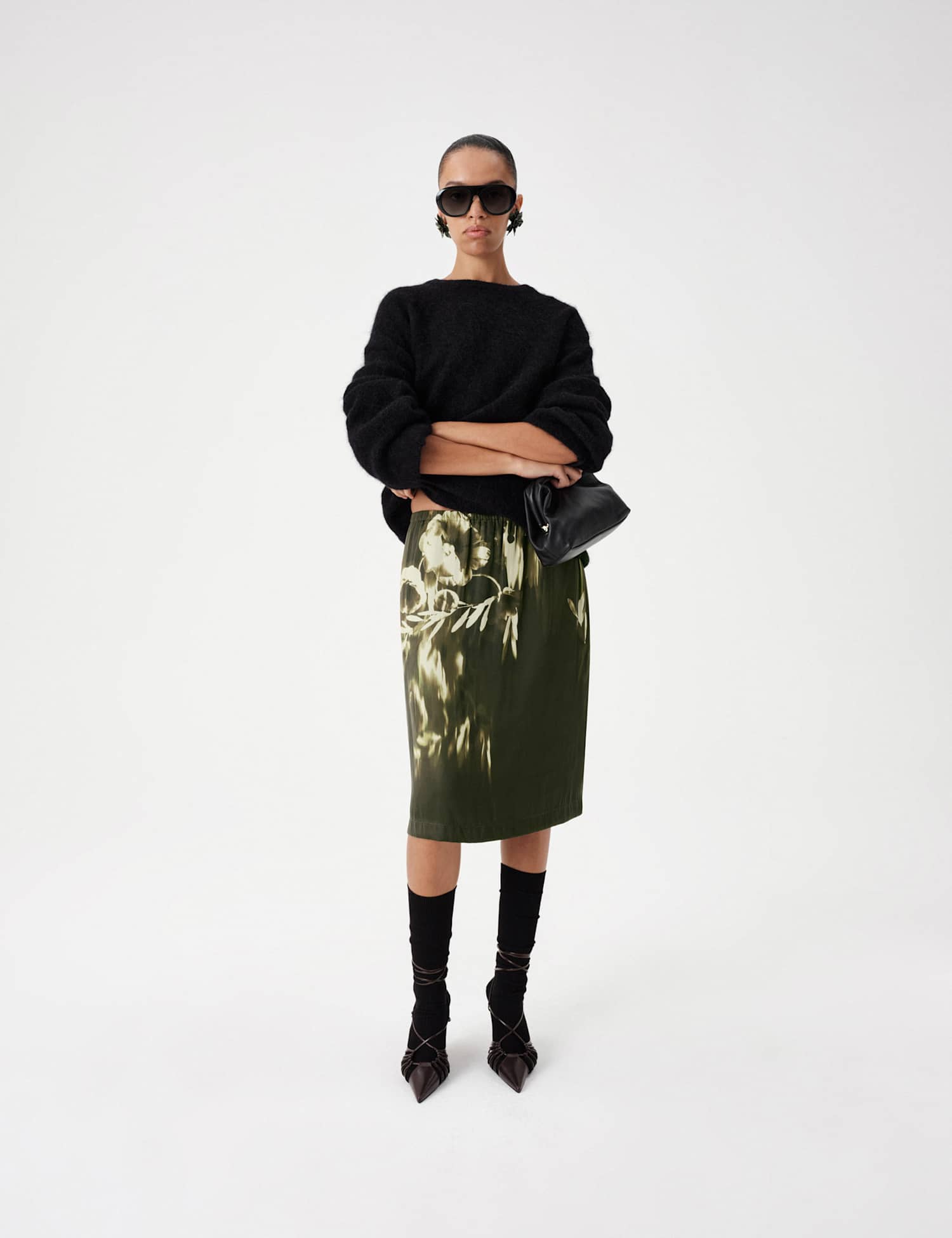 M&S Satin Floral Knee Length Slip Skirt Black Mix