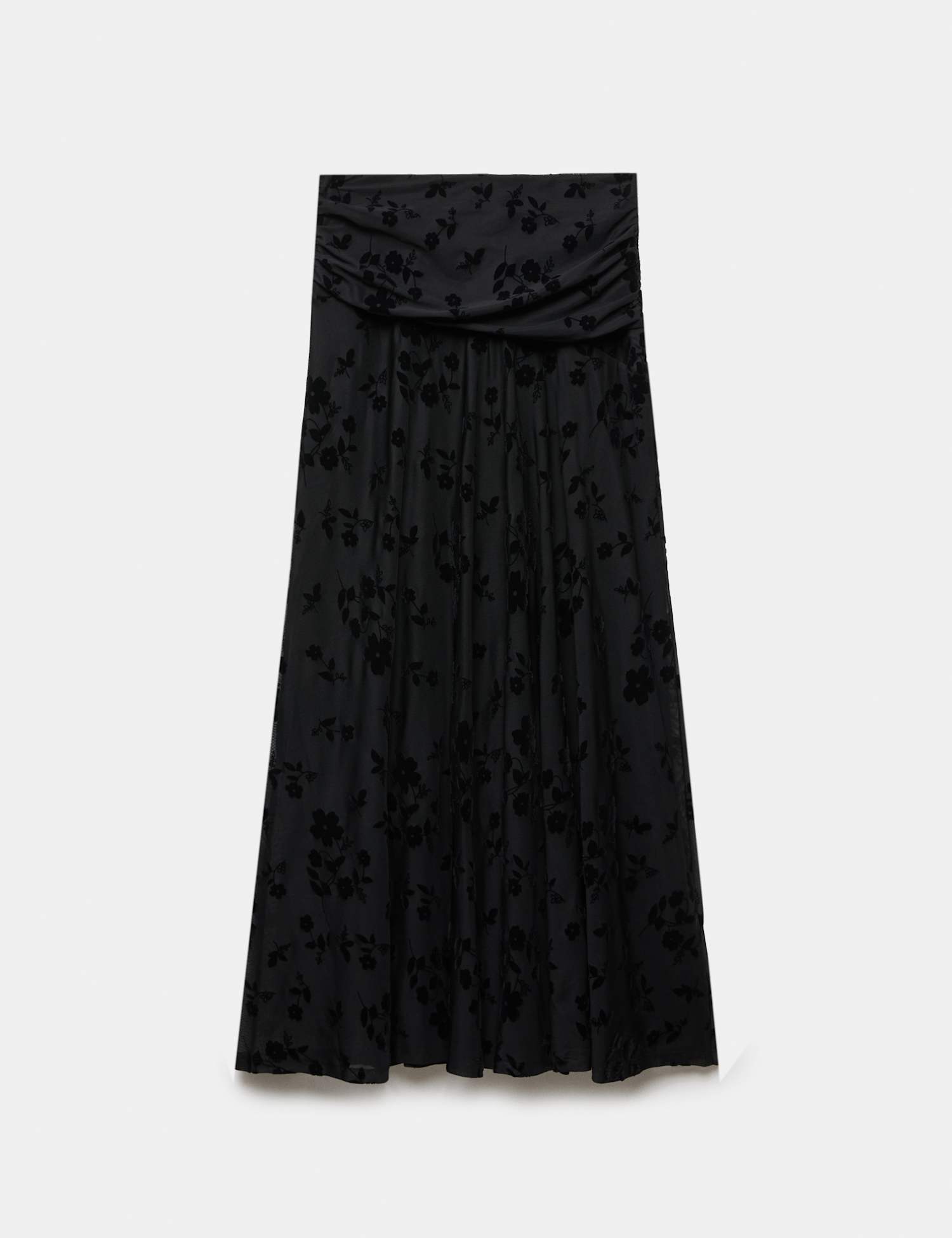 M&S Devore Floral Ruched Midi A Line Skirt Black