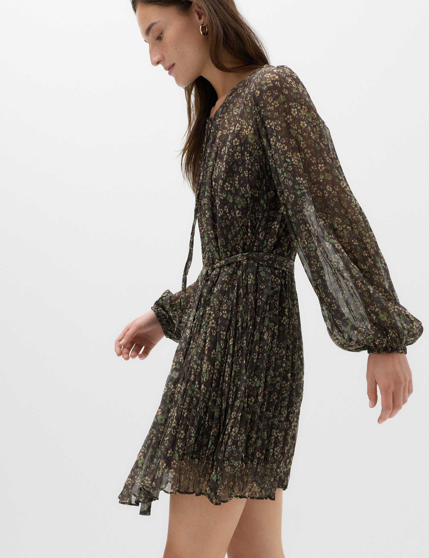M&S Floral Tie Neck Mini Waisted Dress Brown Mix
