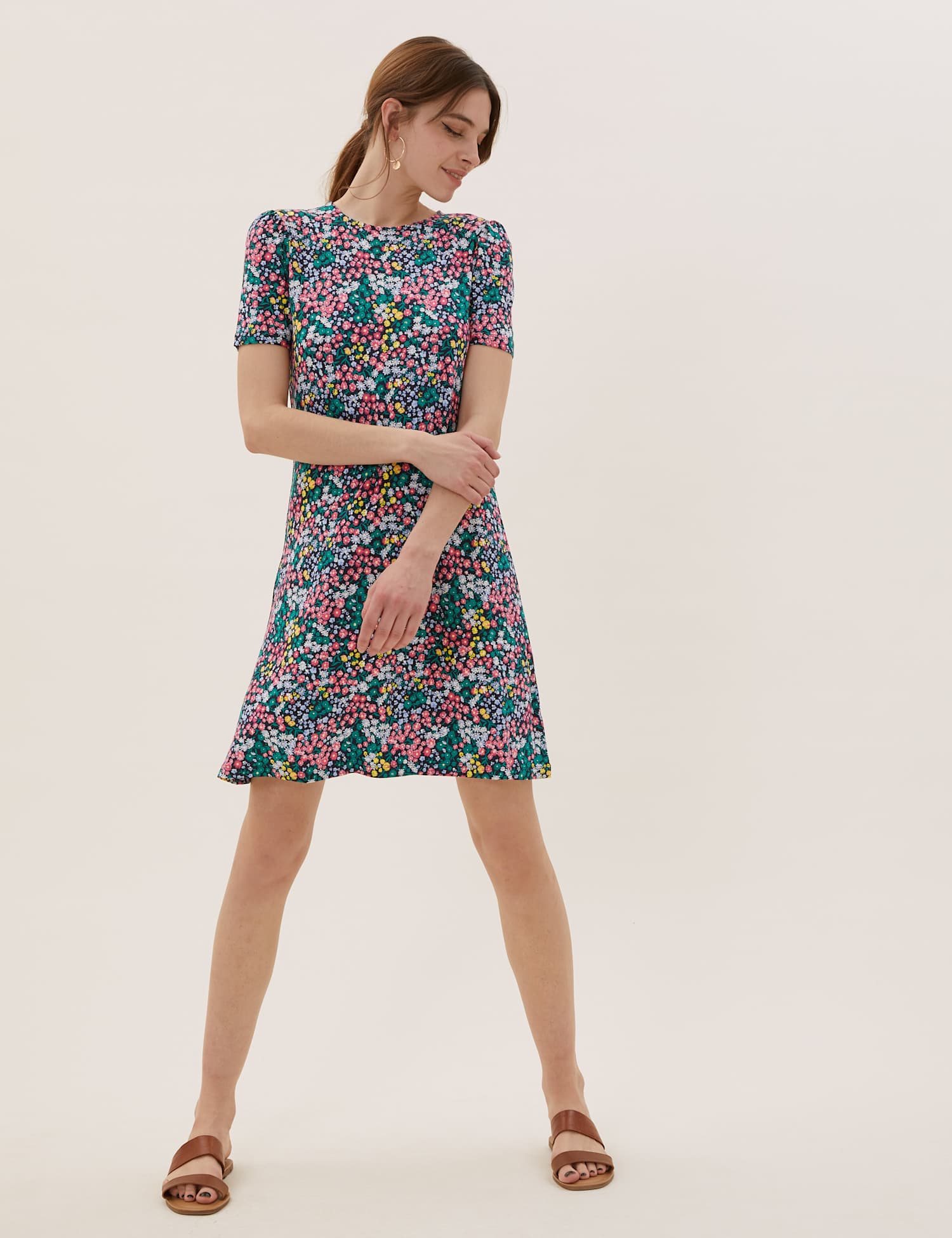 M&S Jersey Ditsy Floral Knee Length Swing Dress Multi