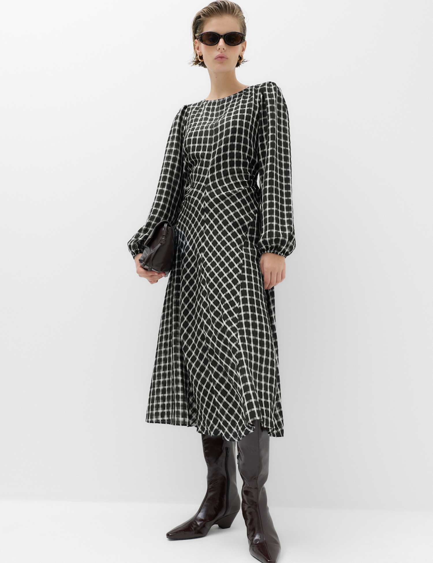 M&S Checked Blouson Sleeve Midaxi Dress Black Mix