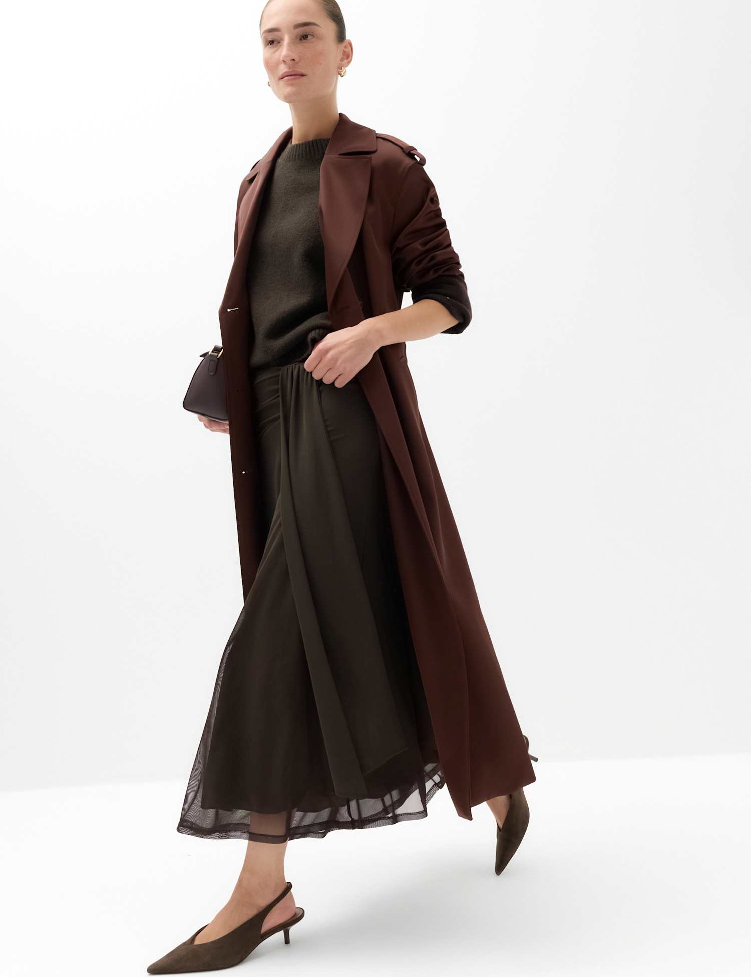 M&S Mesh Midi A Line Skirt Brown