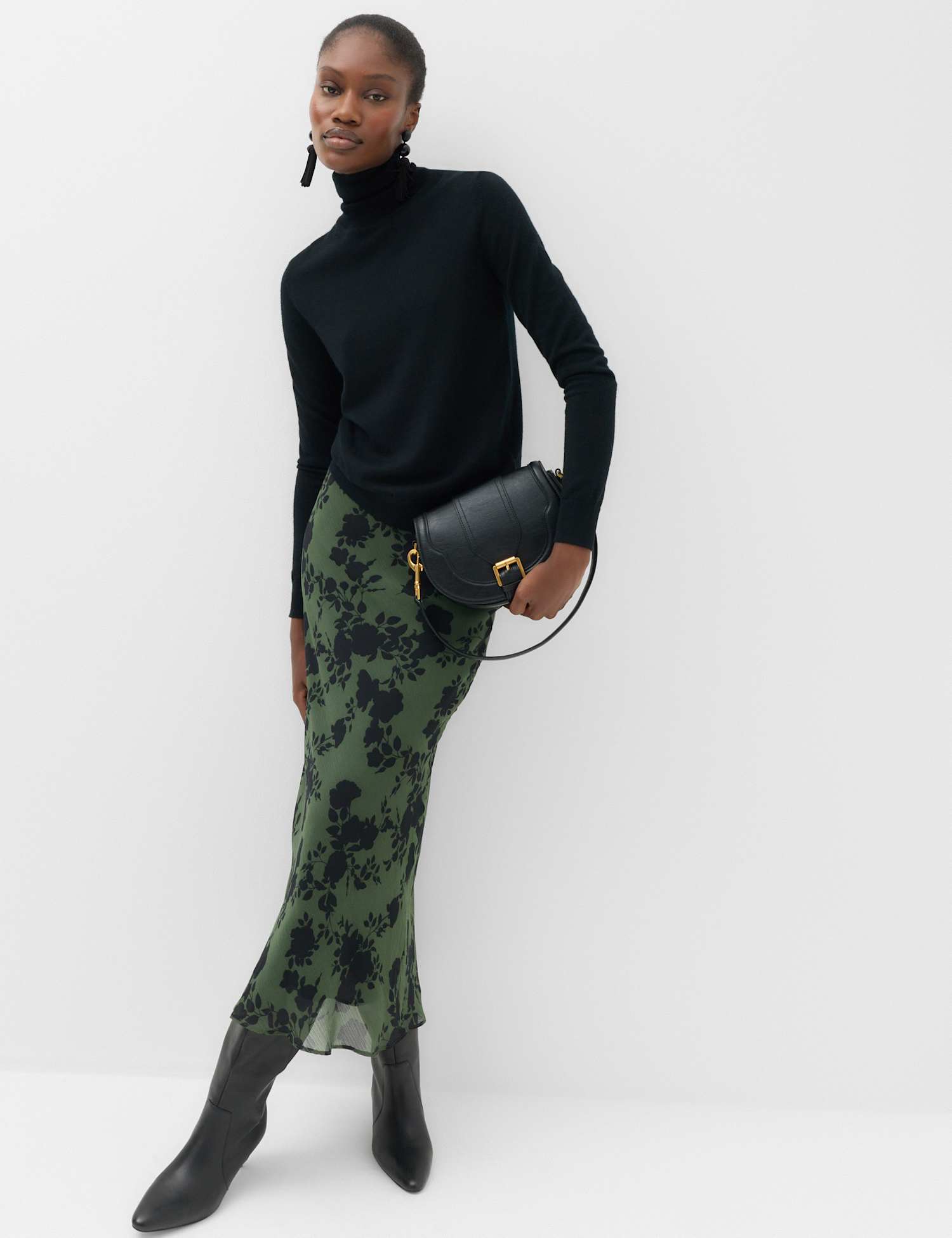 M&S Chiffon Floral Midi Column Skirt Green Mix