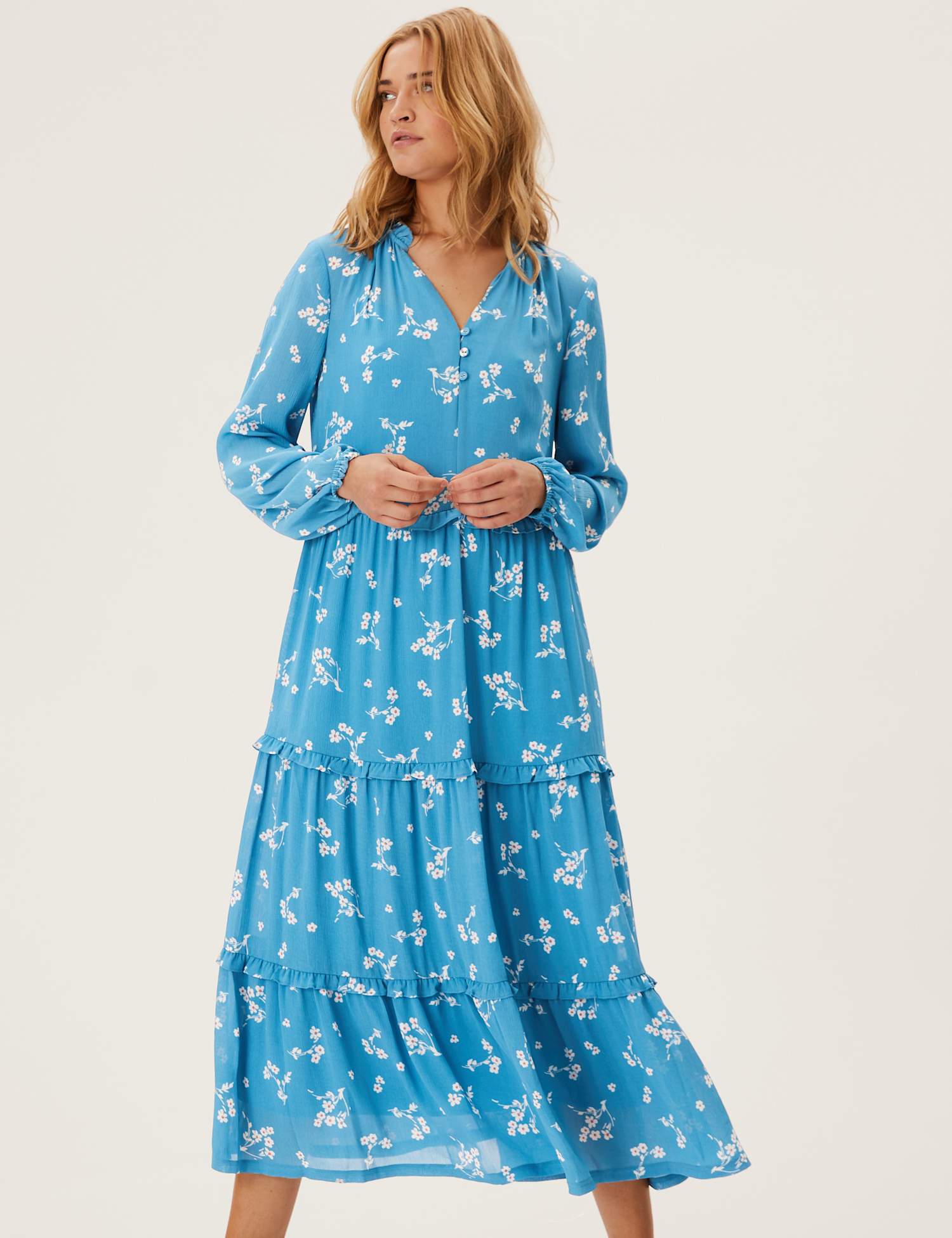 M&S Floral V-Neck Midaxi Tiered Dress Blue Mix