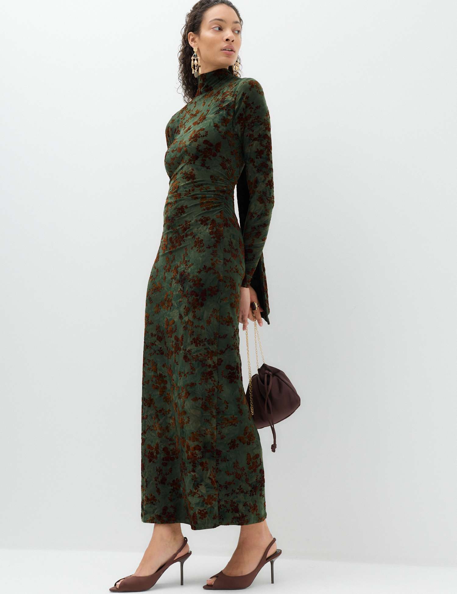 M&S Floral Scarf Detail Midi Column Dress Green Mix