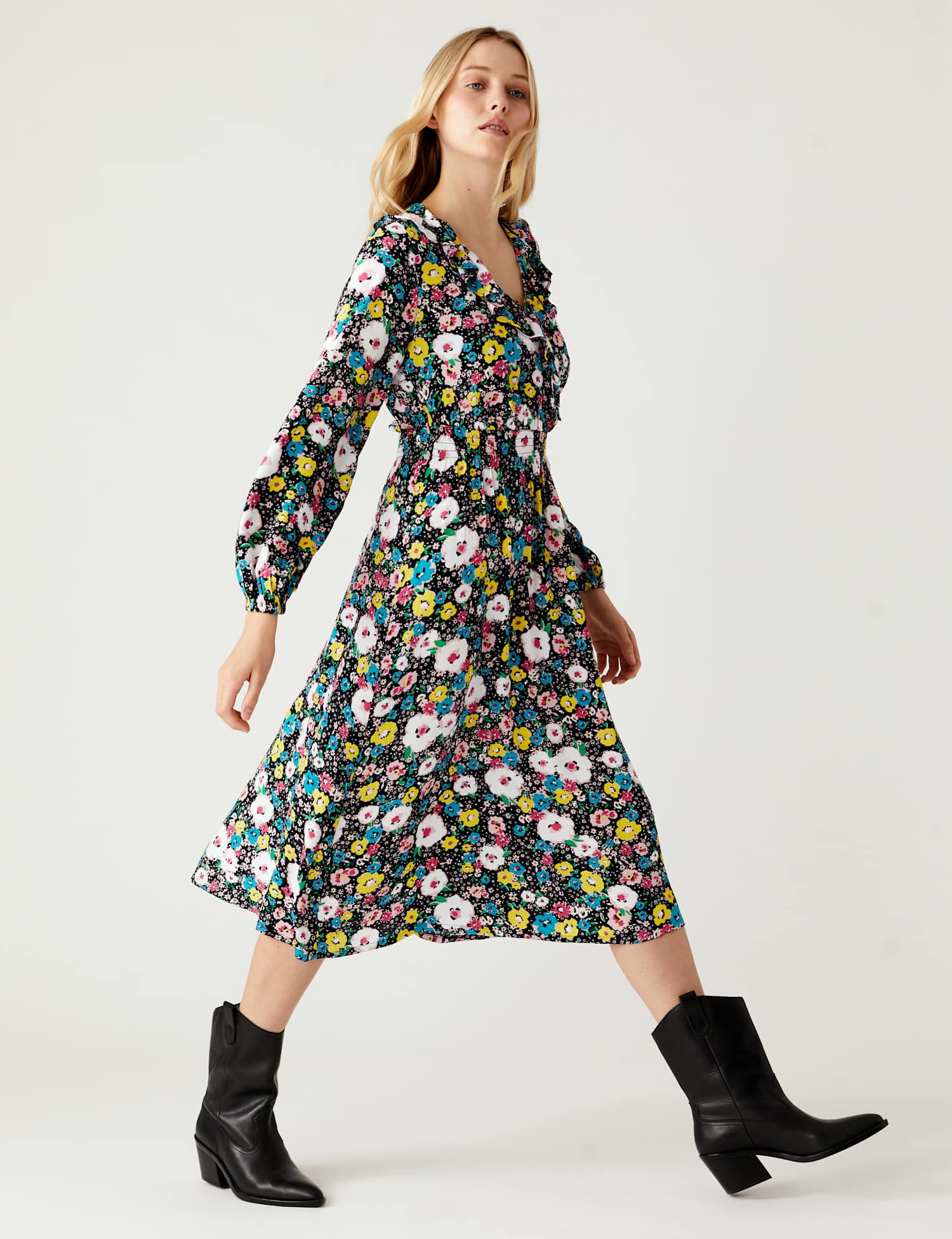 M&S Ditsy Floral V-Neck Midi Waisted Dress Multi