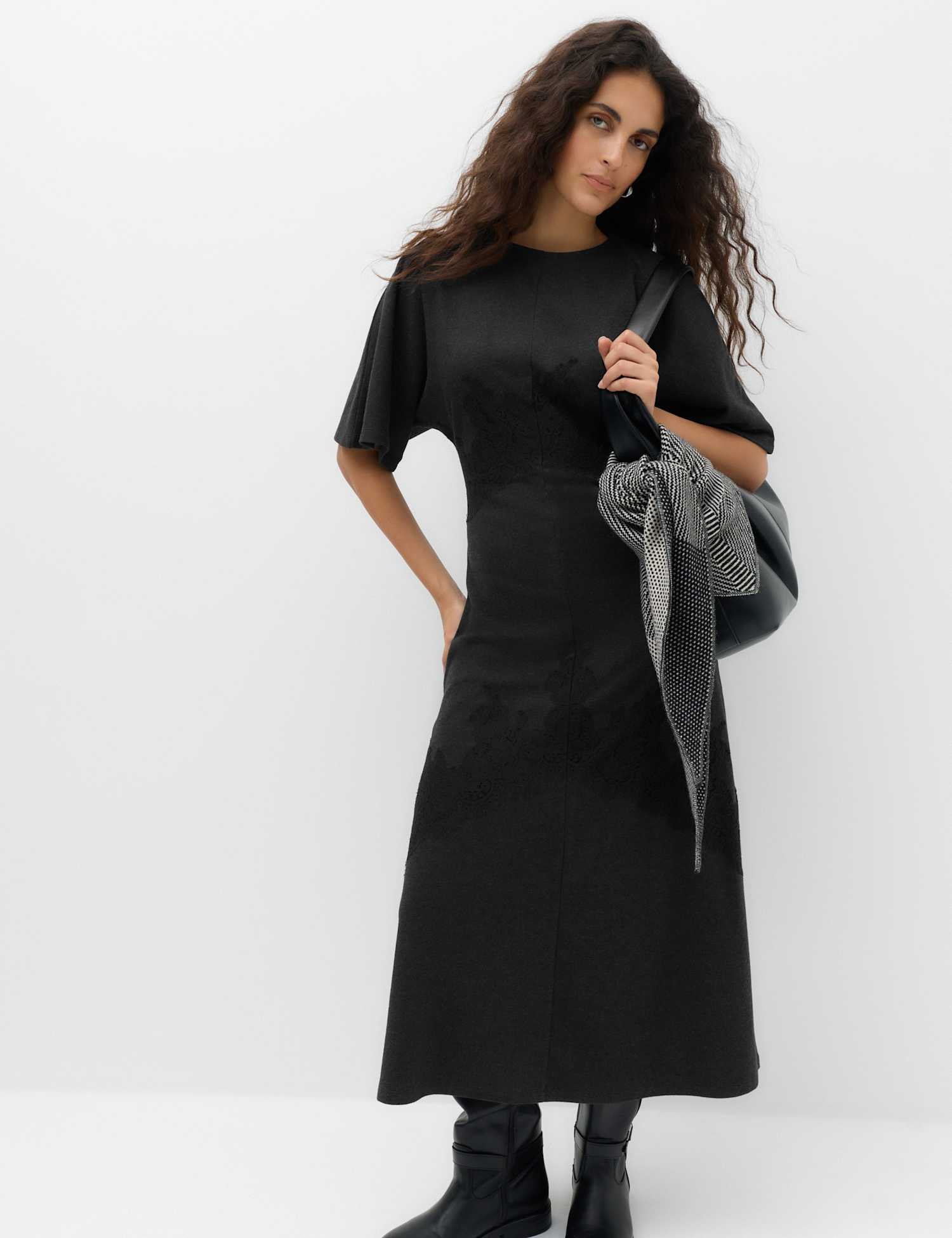 M&S Jersey Lace Insert Midi Column Dress Charcoal