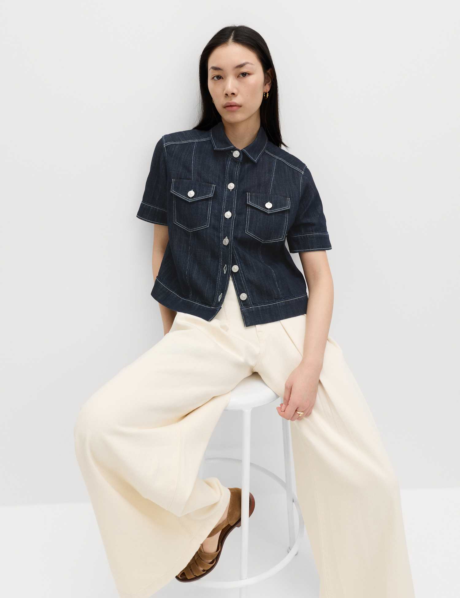 M&S Cotton Rich Denim Utility Short Sleeve Shirt Denim
