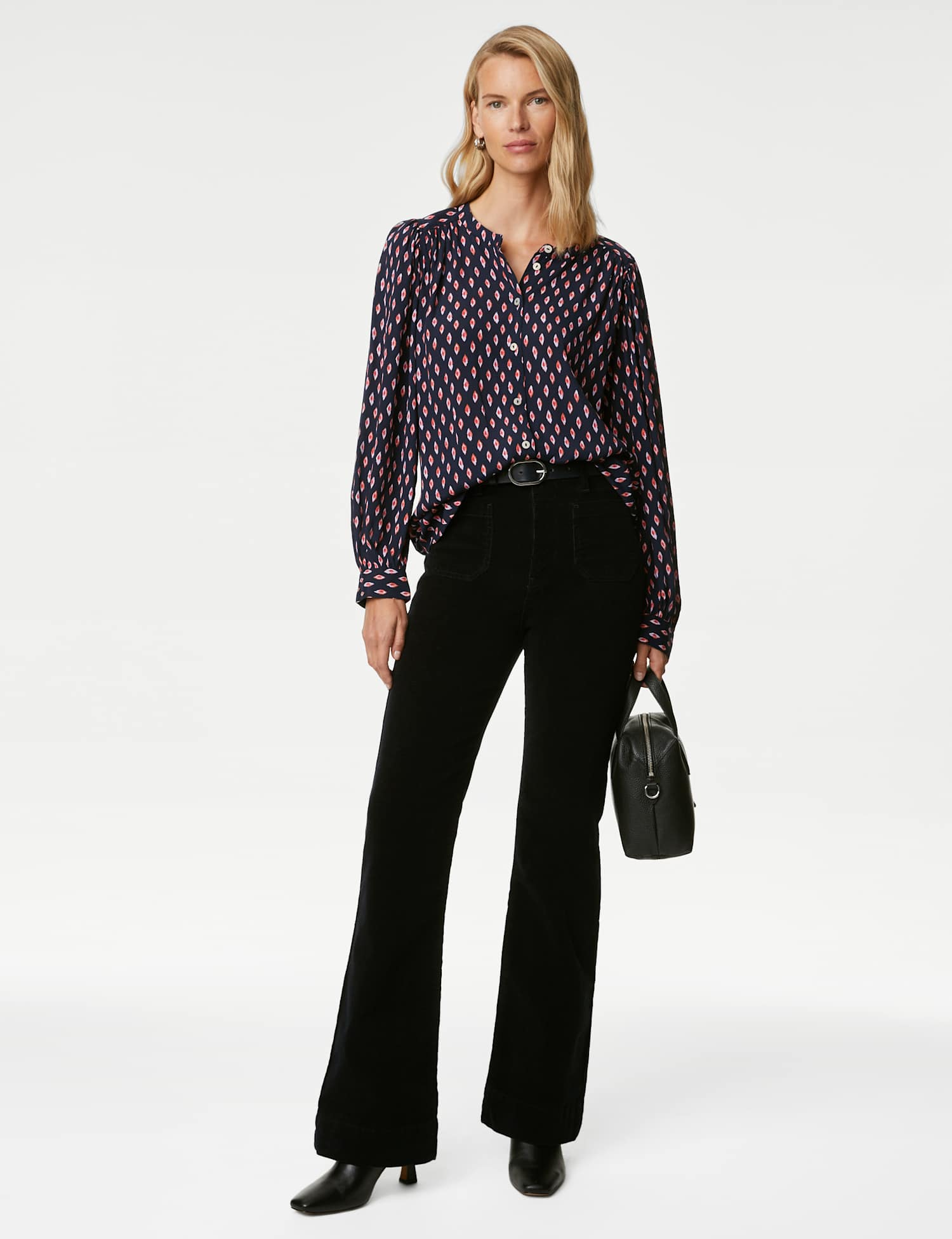 M&S Printed Longline Button Through Blouse Navy Mix