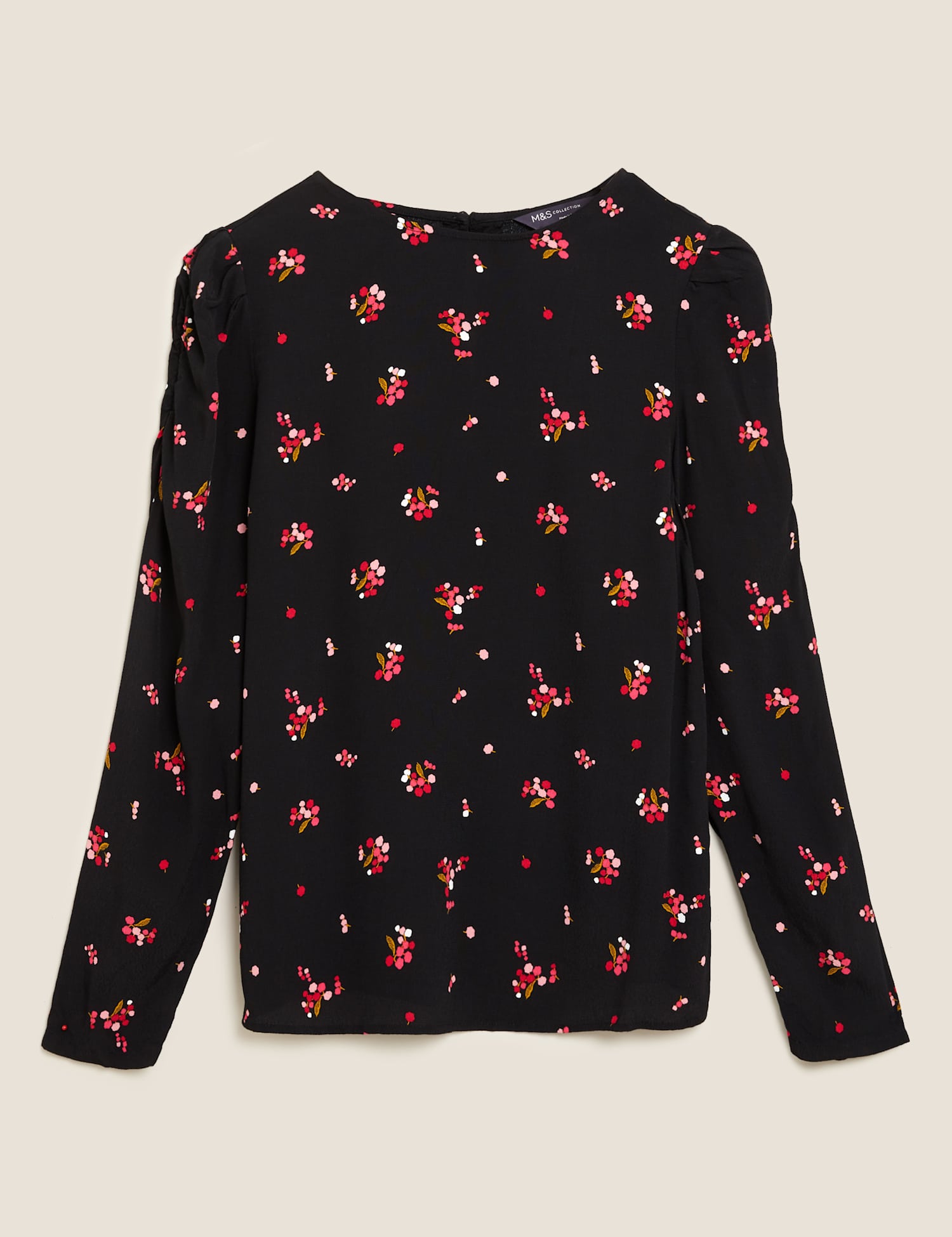 M&S Floral Puff Sleeve Blouse Black Mix