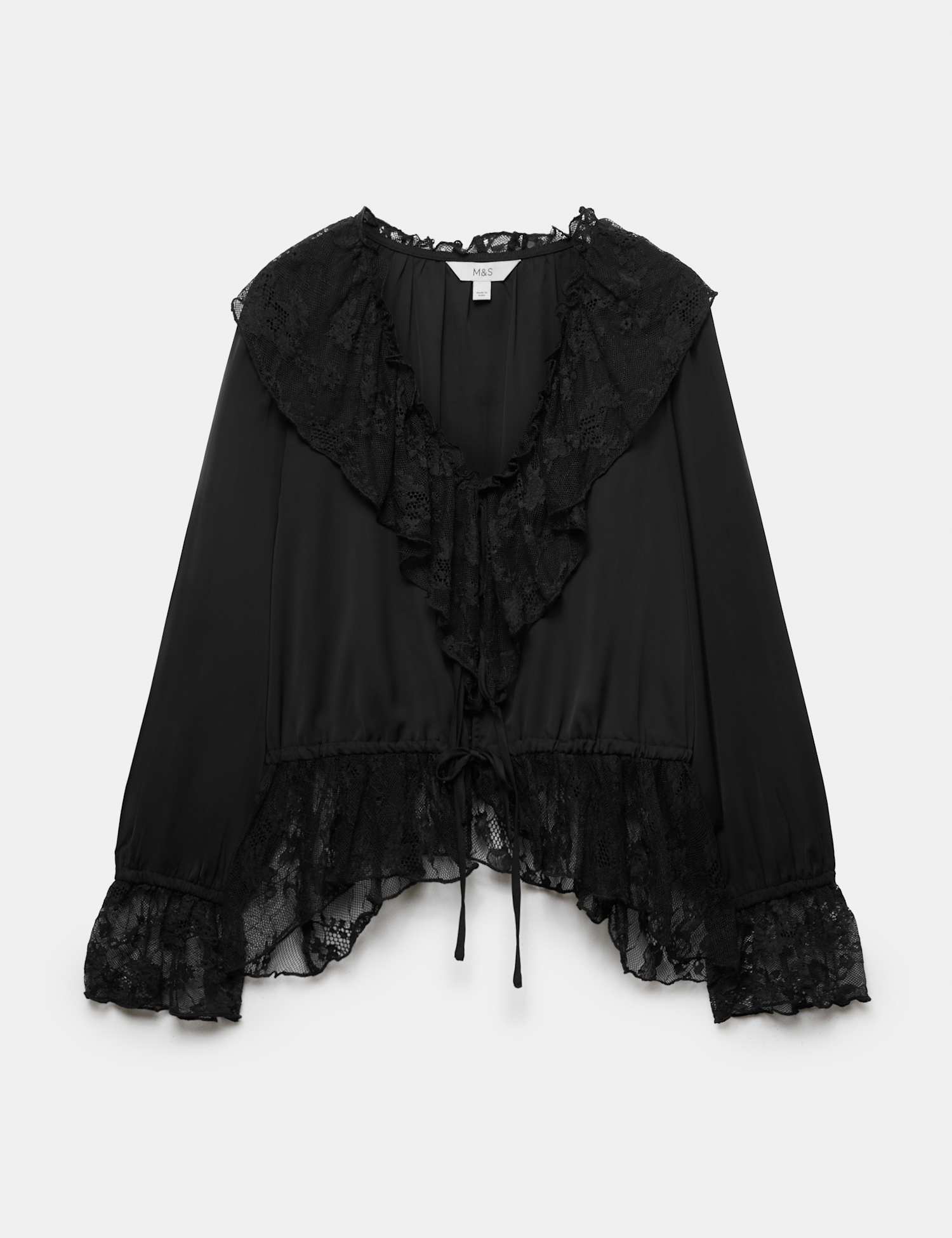 M&S Satin Lace V Neck Ruffle Blouse Black