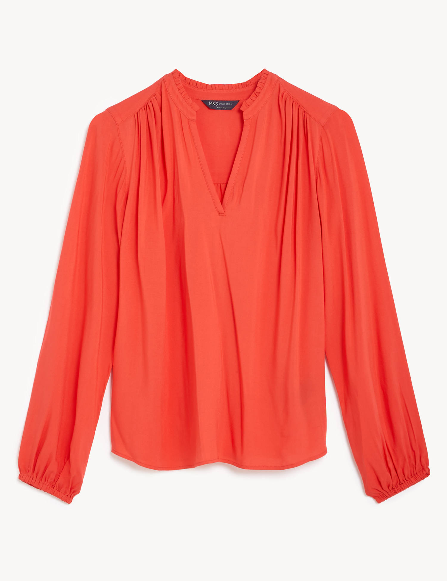 M&S Collarless Regular Fit Long Sleeve Blouse Flame