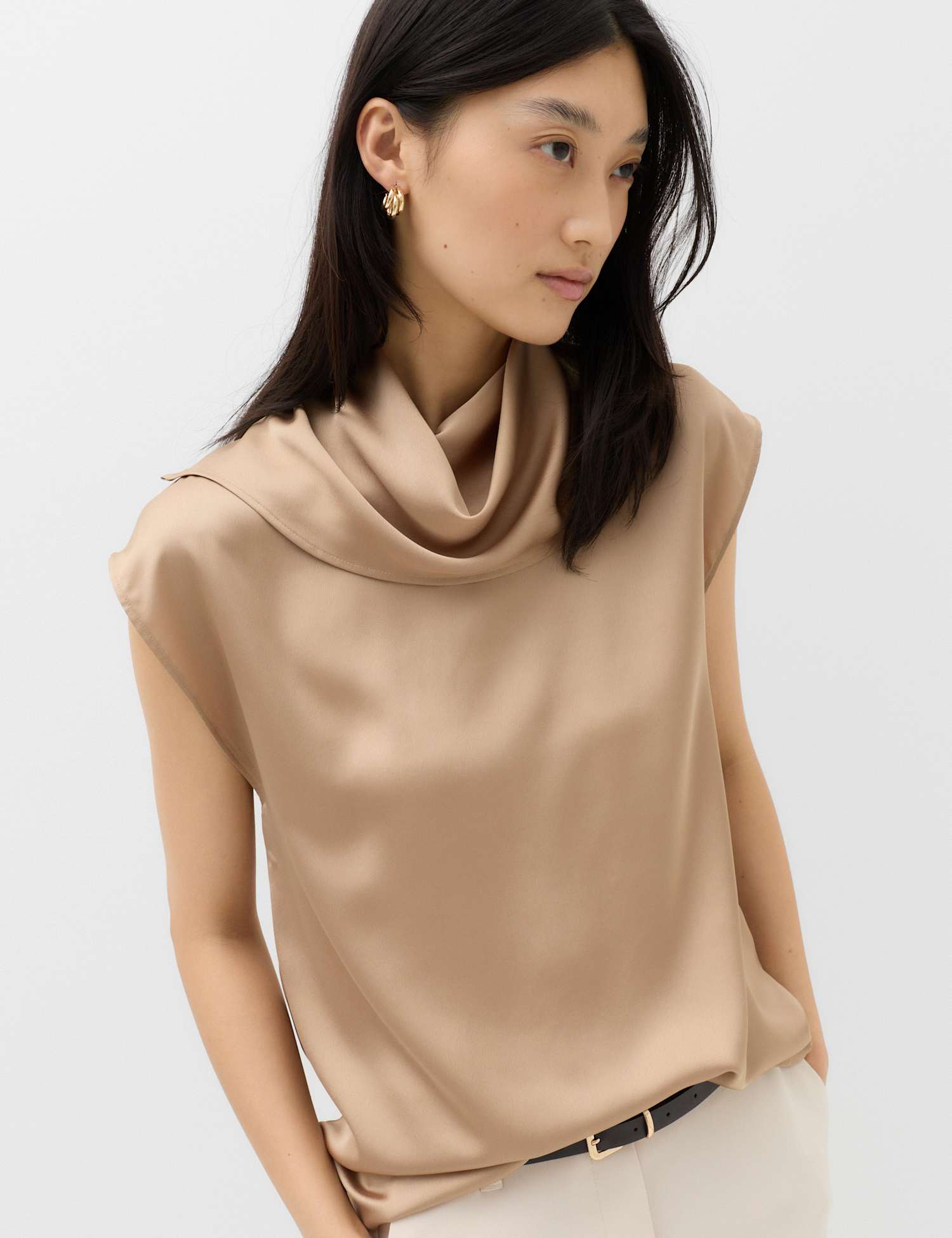 M&S Satin High Neck Scarf Detail Top Gold