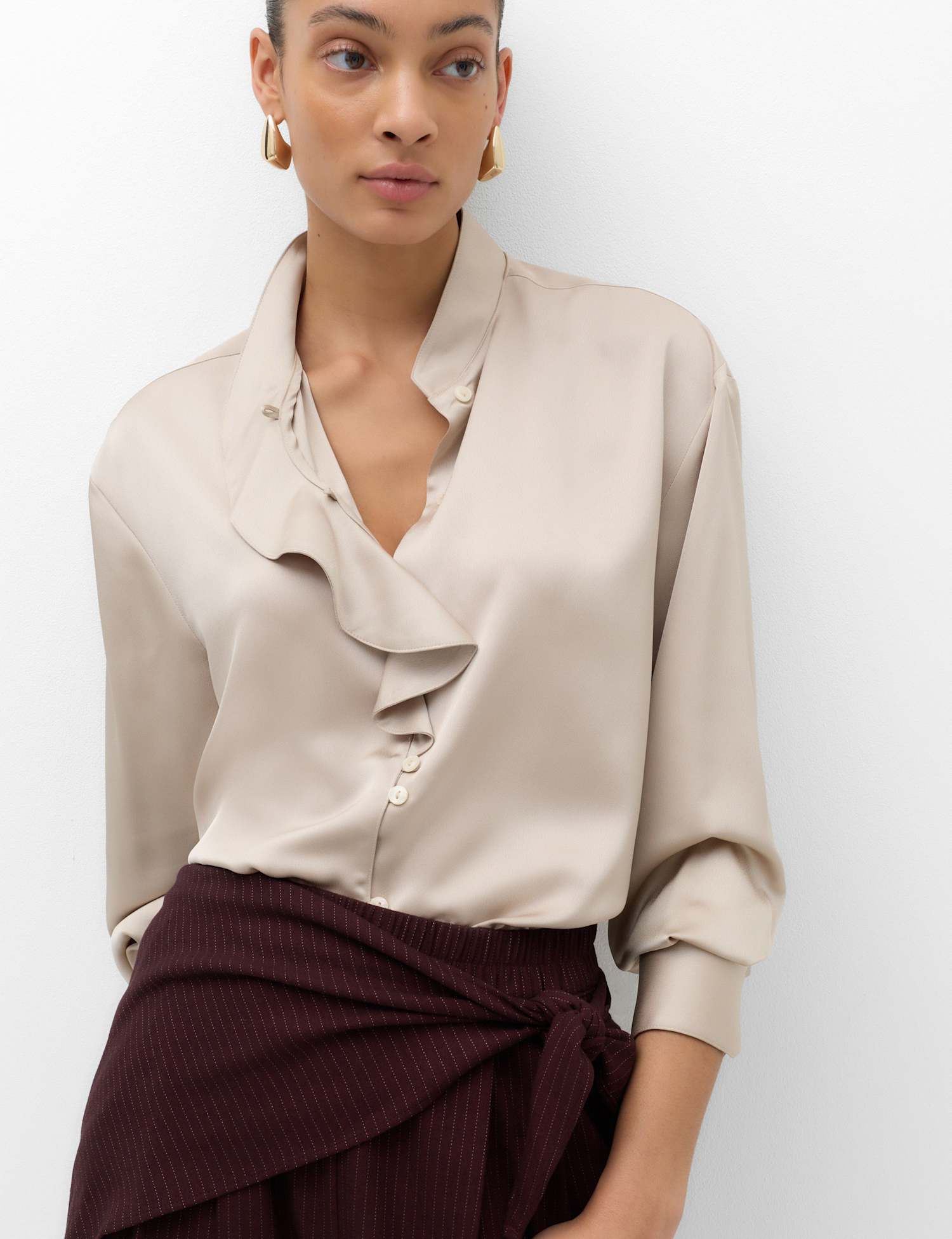 M&S Satin Ruffle High Neck Shirt Neutral