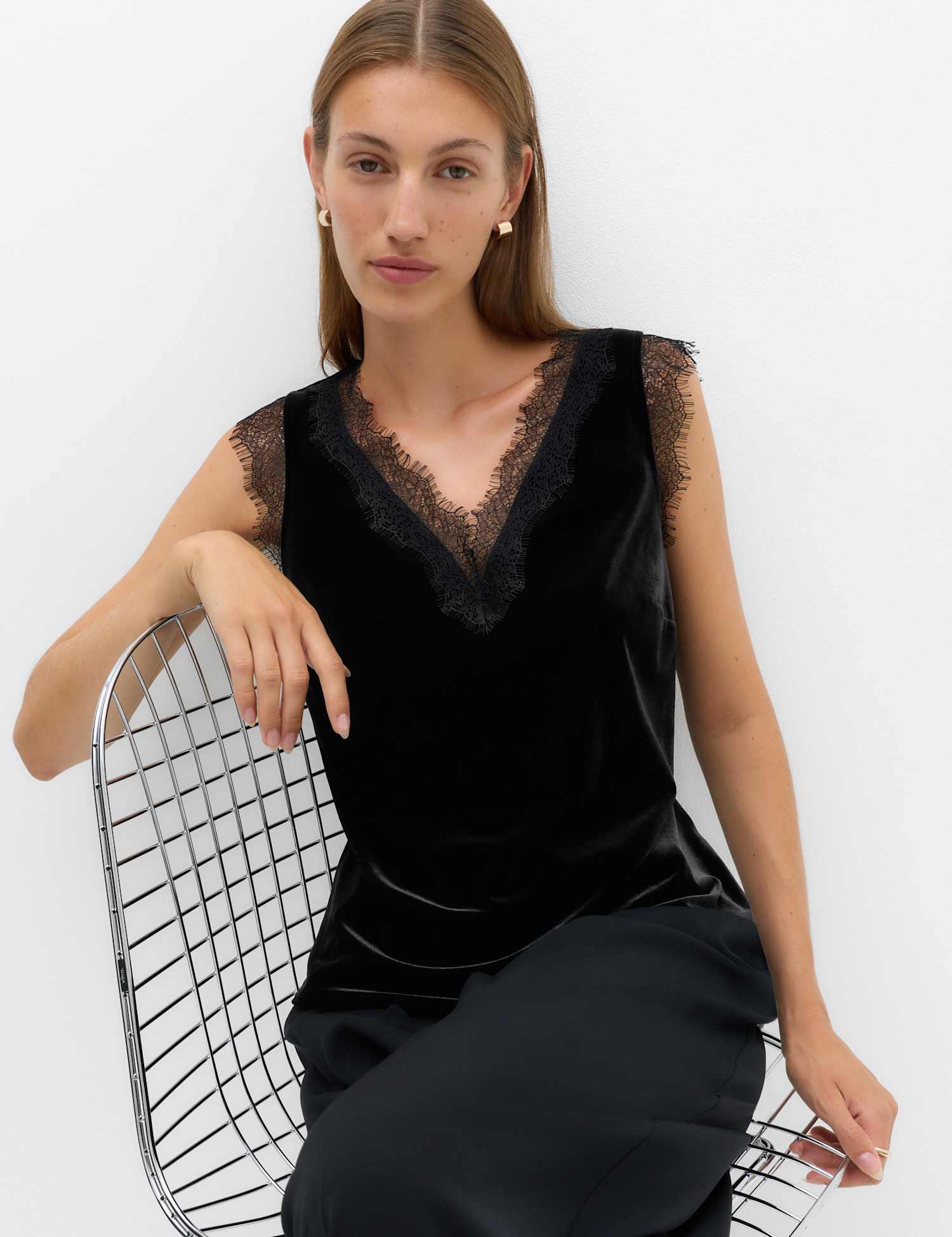 M&S Velvet V Neck Lace Insert Cami Top Black