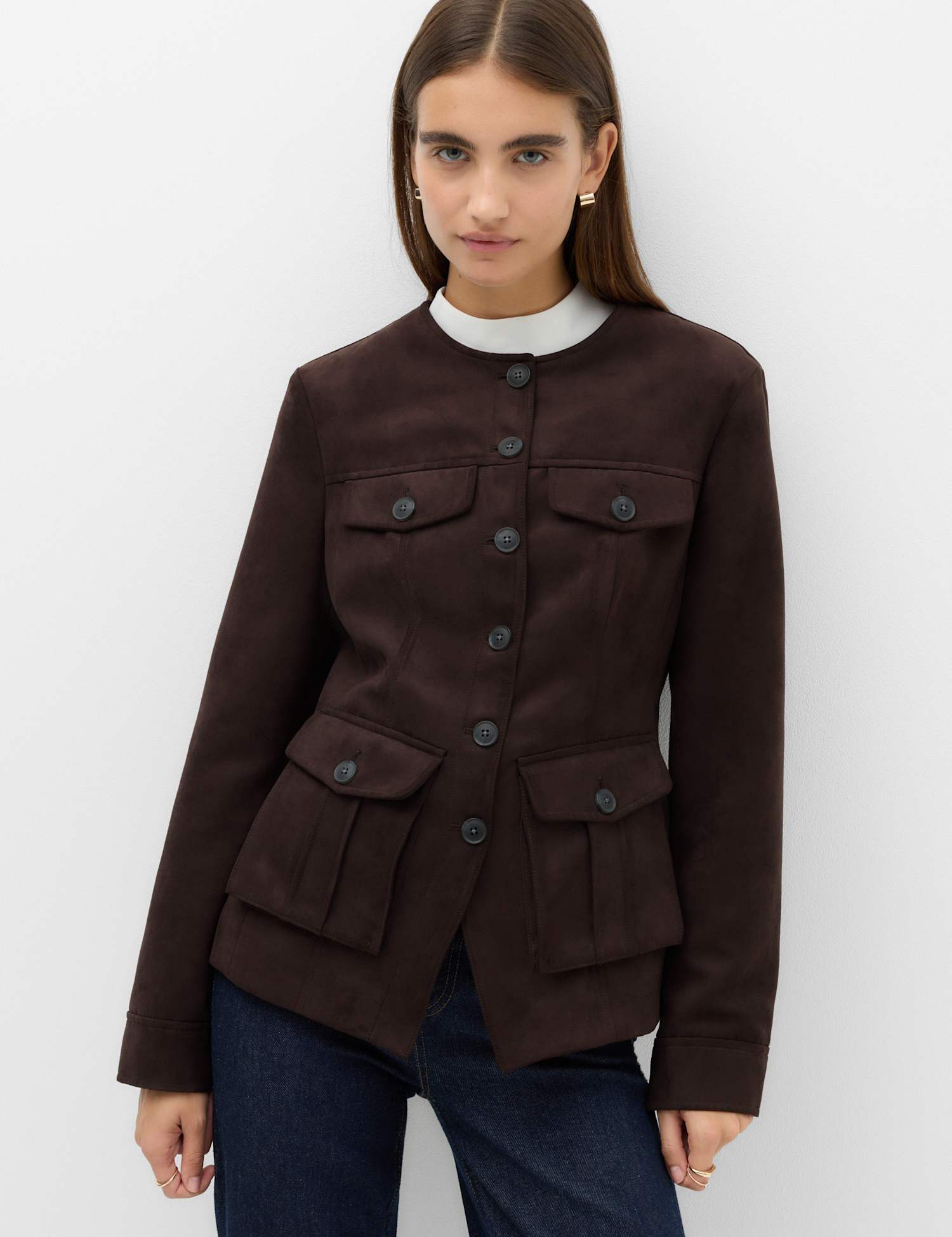 M&S Faux Suede Colarless Utility Jacket Bitter Chocolate