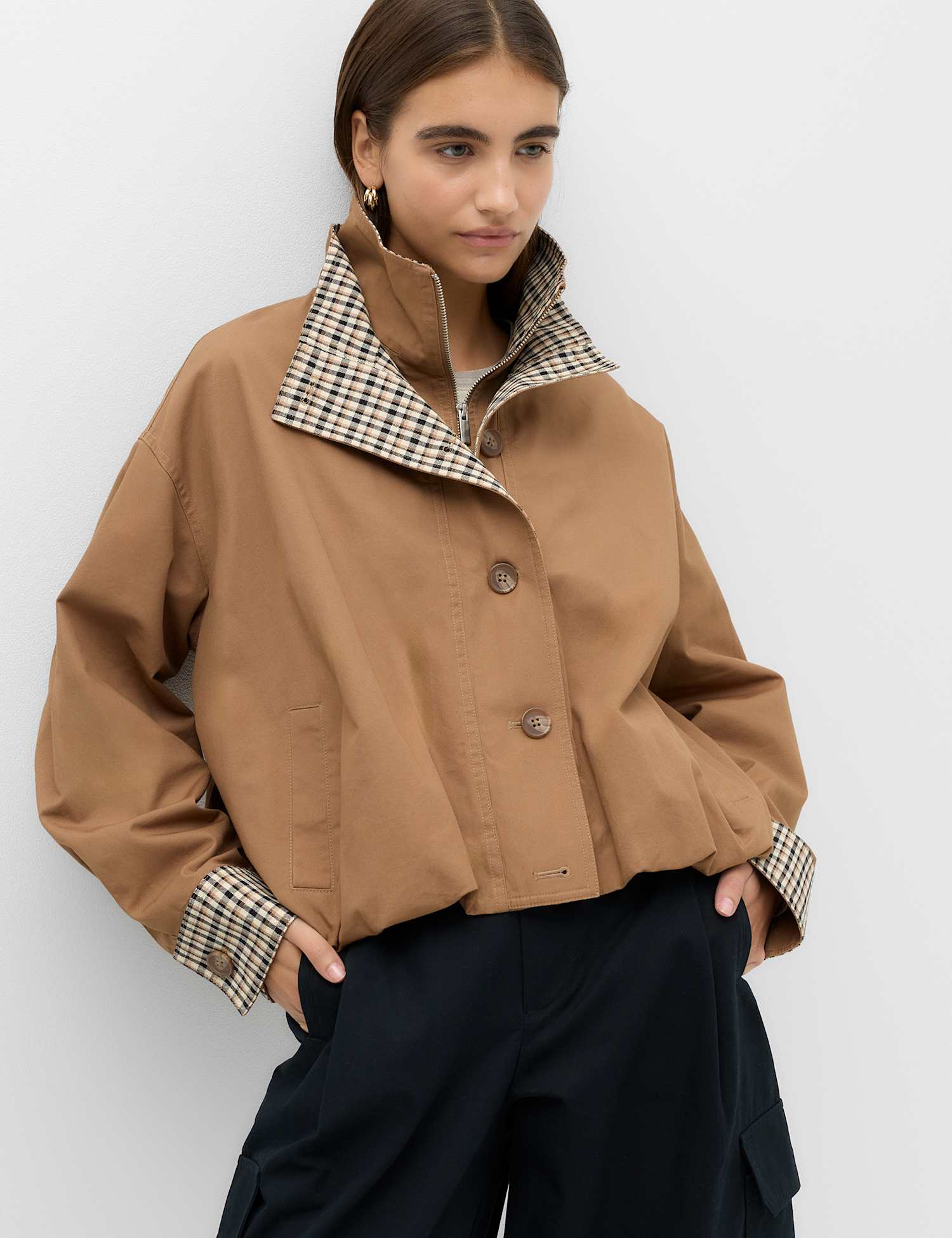 M&S Check Contrast Bomber Jacket Caramel