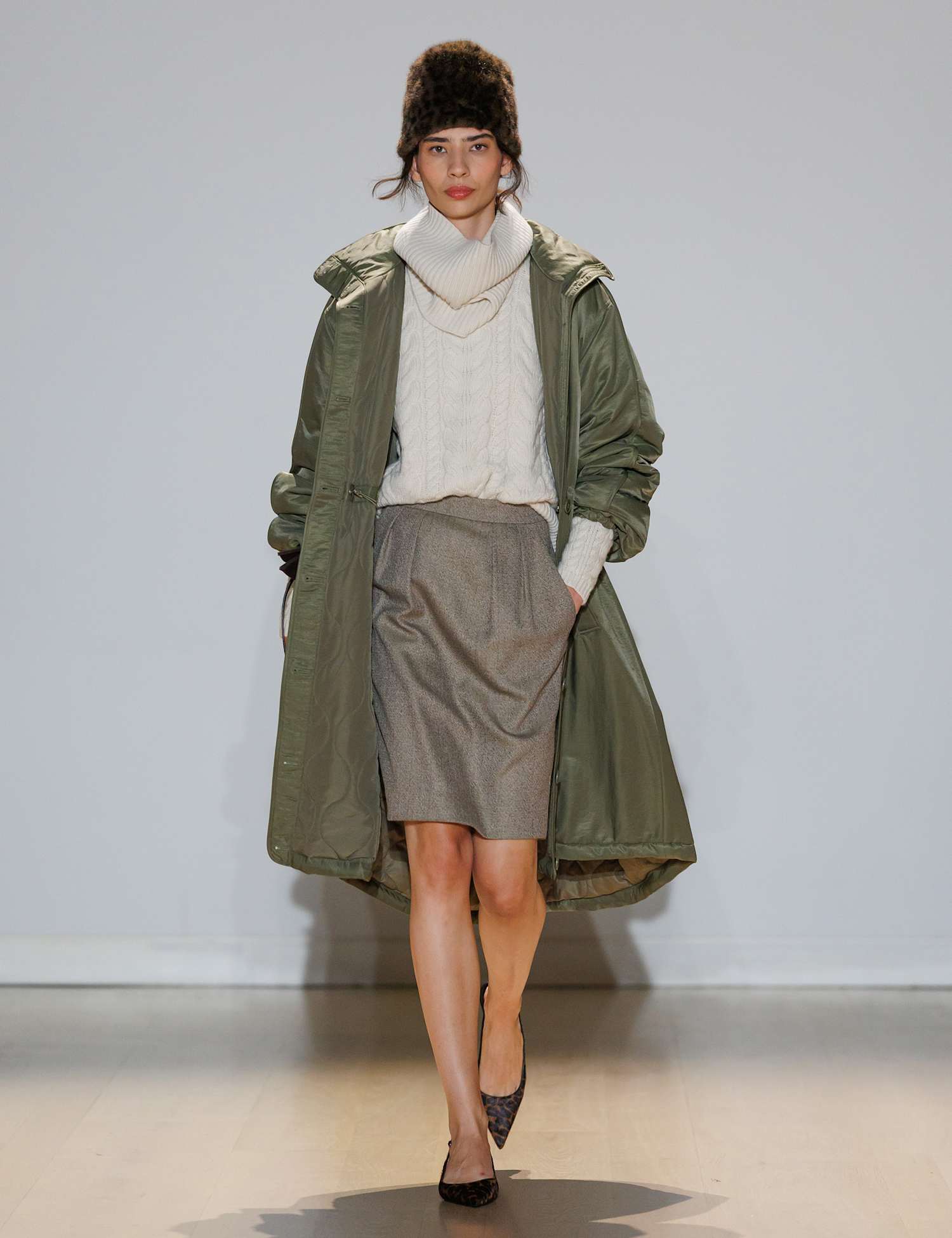 M&S Satin Relaxed Funnel Neck Longline Parka Coat Khaki